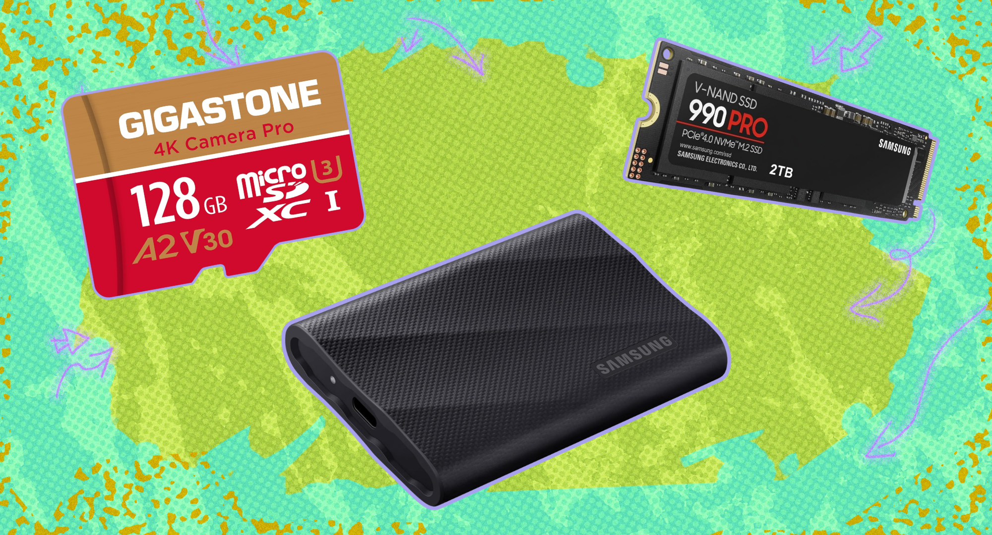 A micro SD card, portable SSD, and internal hard drive against a colorful background.