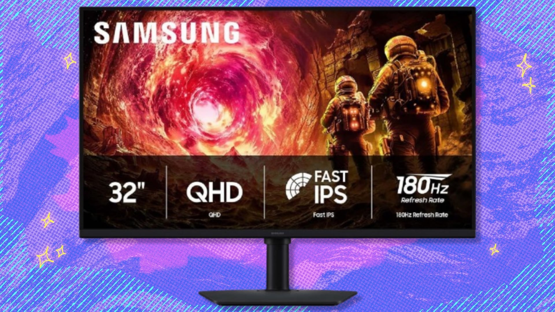 The Samsung 32-Inch Odyssey G5 (G50F) QHD Resolution gaming monitor on a purple and blue background