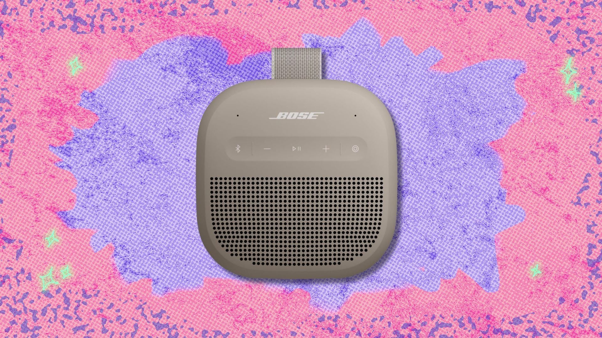 bose soundlink micro (2nd gen) against a pink and purple patterned background
