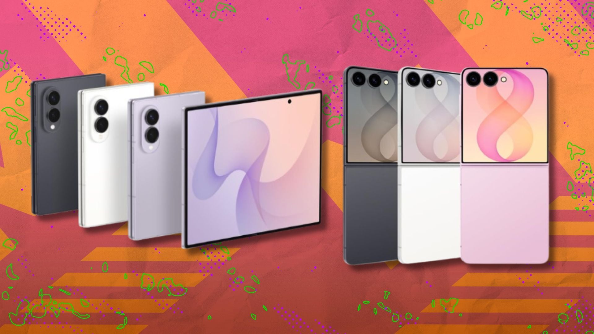 a lineup of samsung z flip and fold 8 phones on a pink and orange background