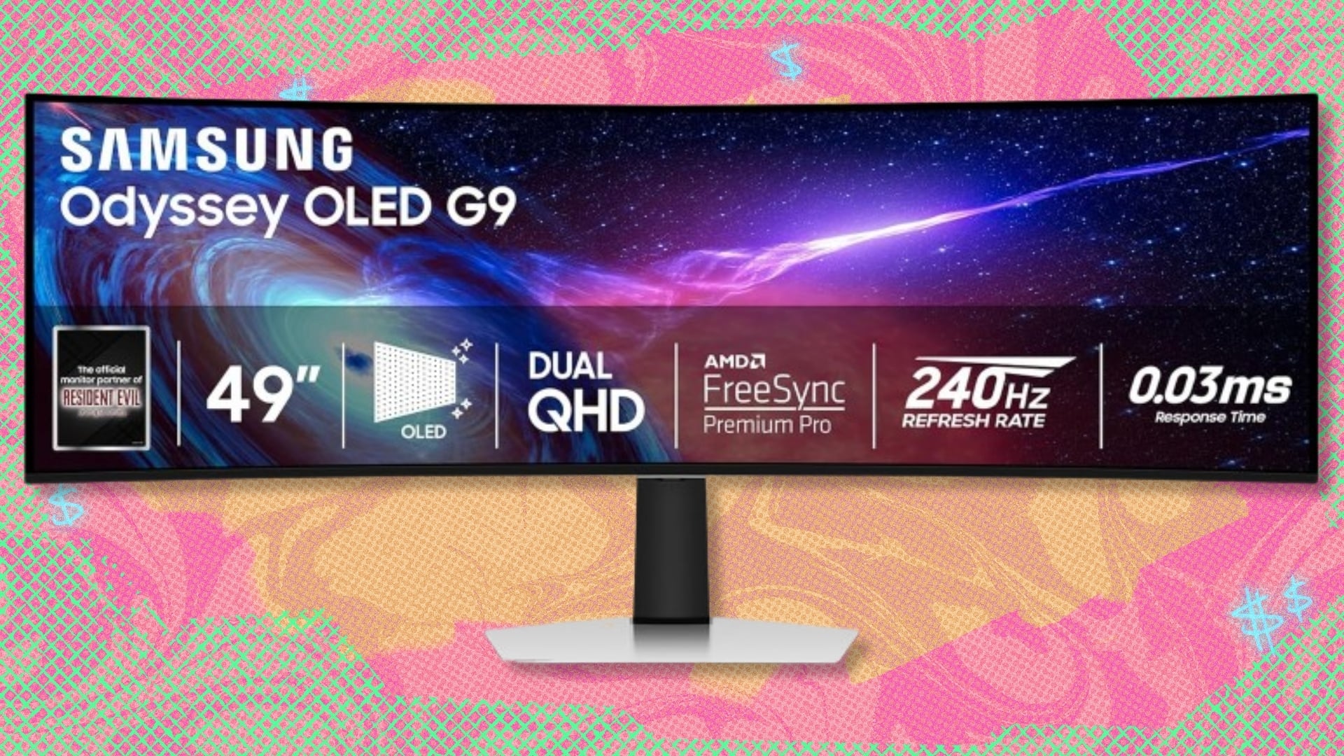 The Samsung 49-inch Odyssey OLED G9 Curved Gaming Monitor on a red, orange, and green background