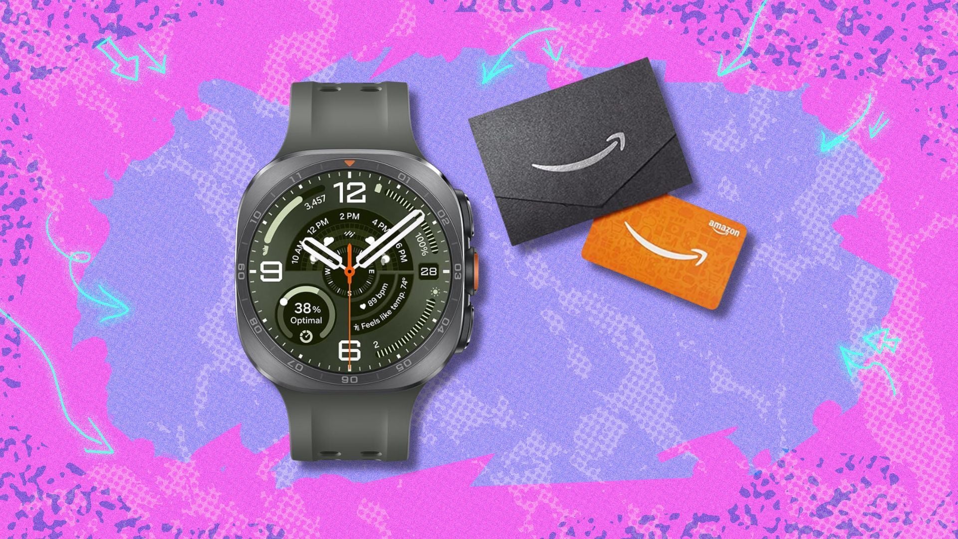 samsung galaxy watch ultra 2 and amazon gift card against a purple and pink patterned background