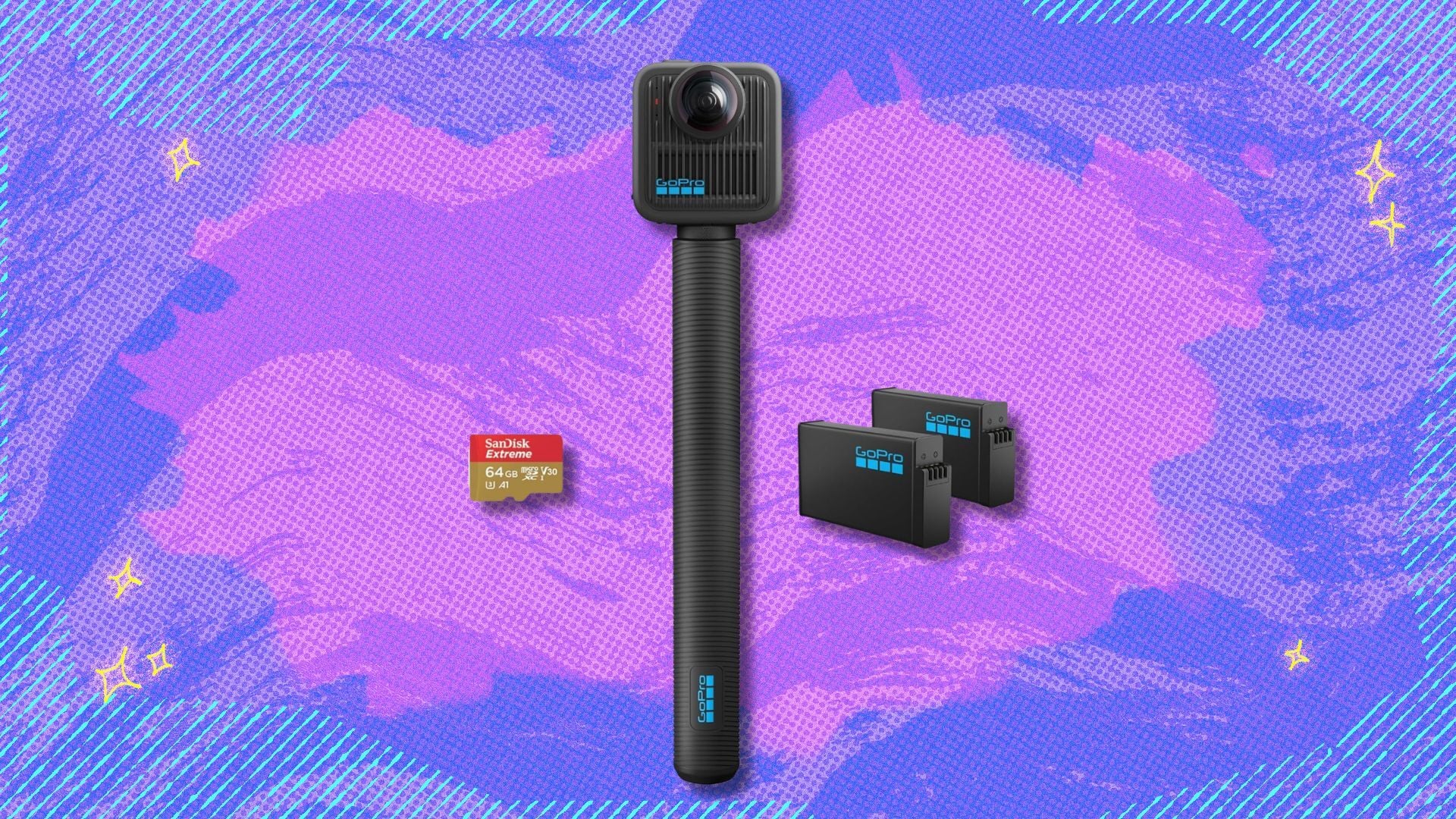 gopro max2 and accessory bundle against a purple patterned background