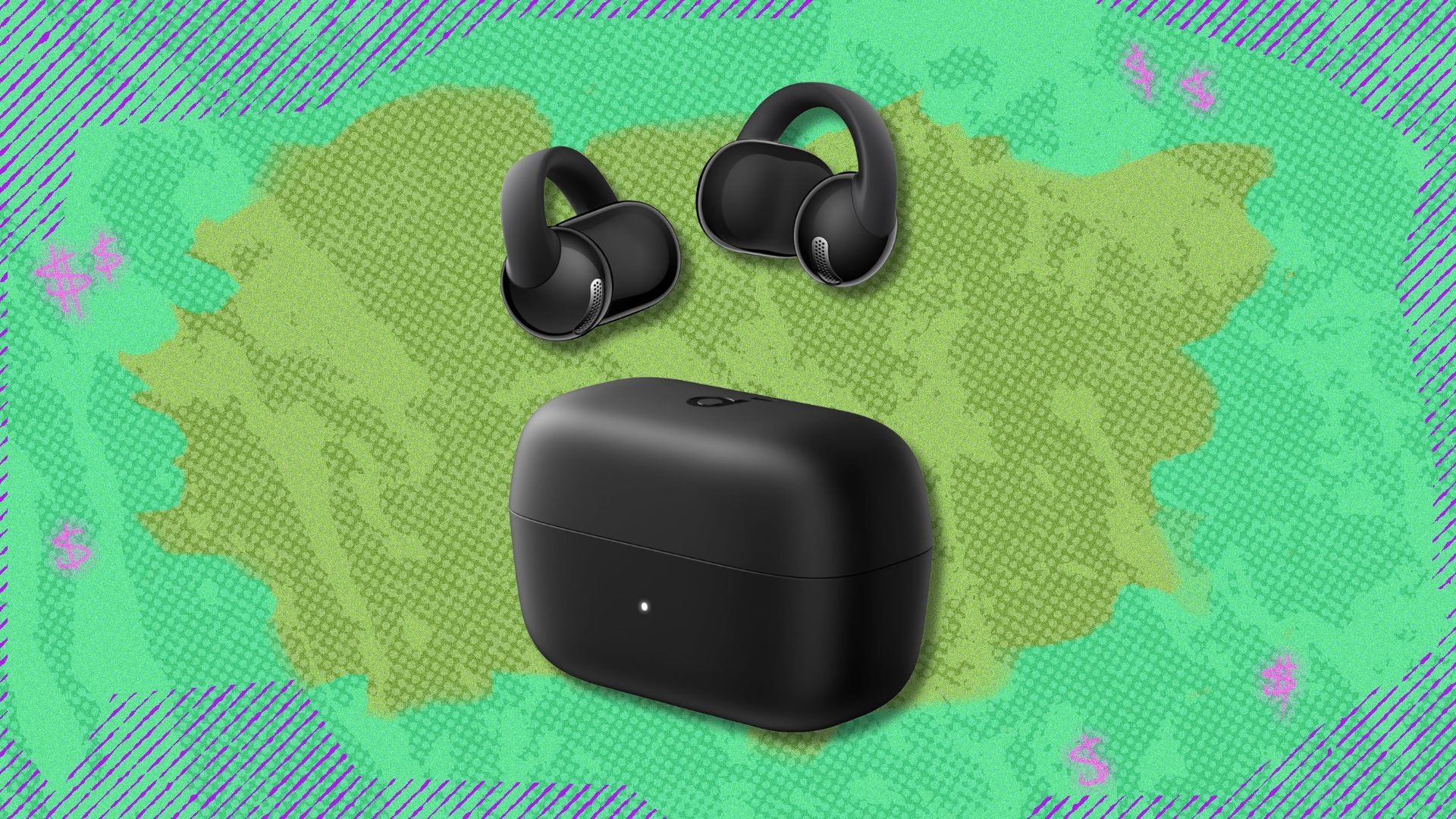 soundcore c50i by anker open ear earbuds against a green patterned background