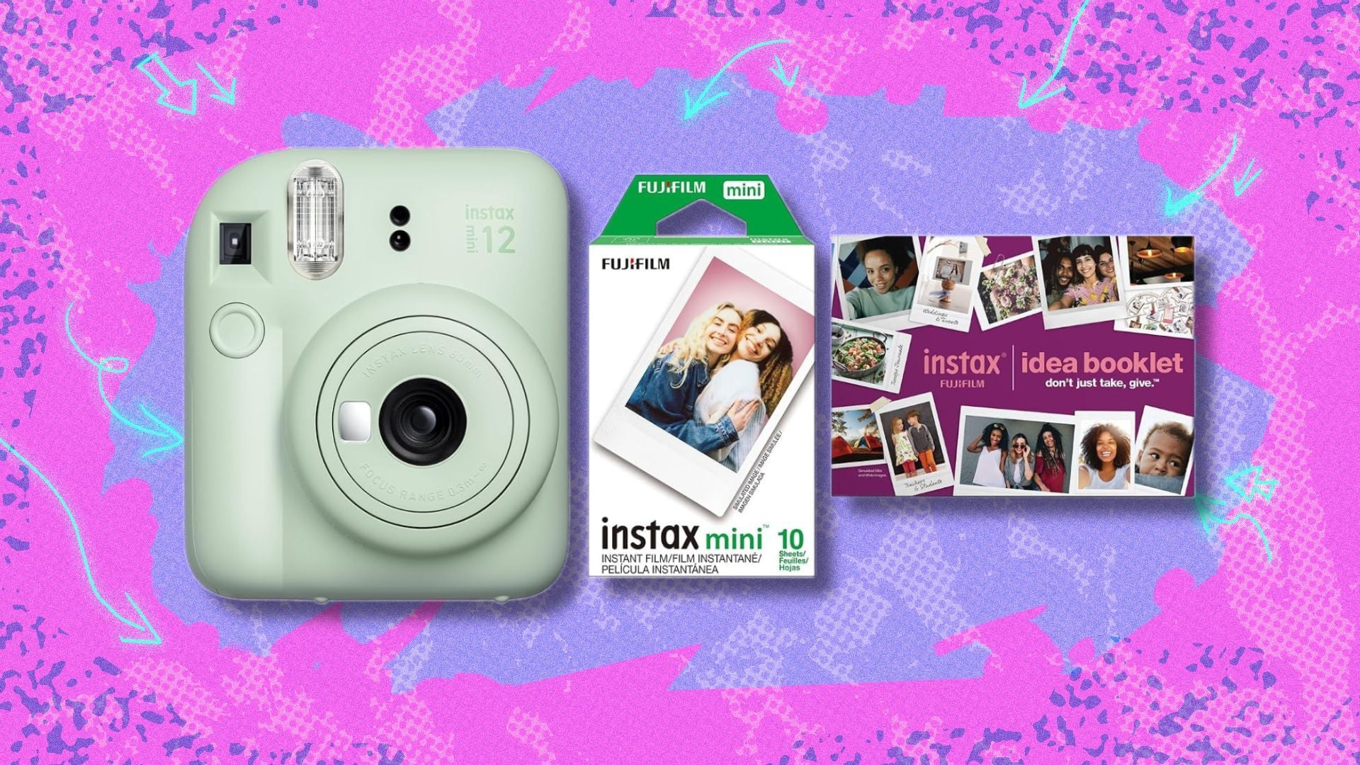 fujifilm instax mini 12 bundle against a pink and purple patterned background