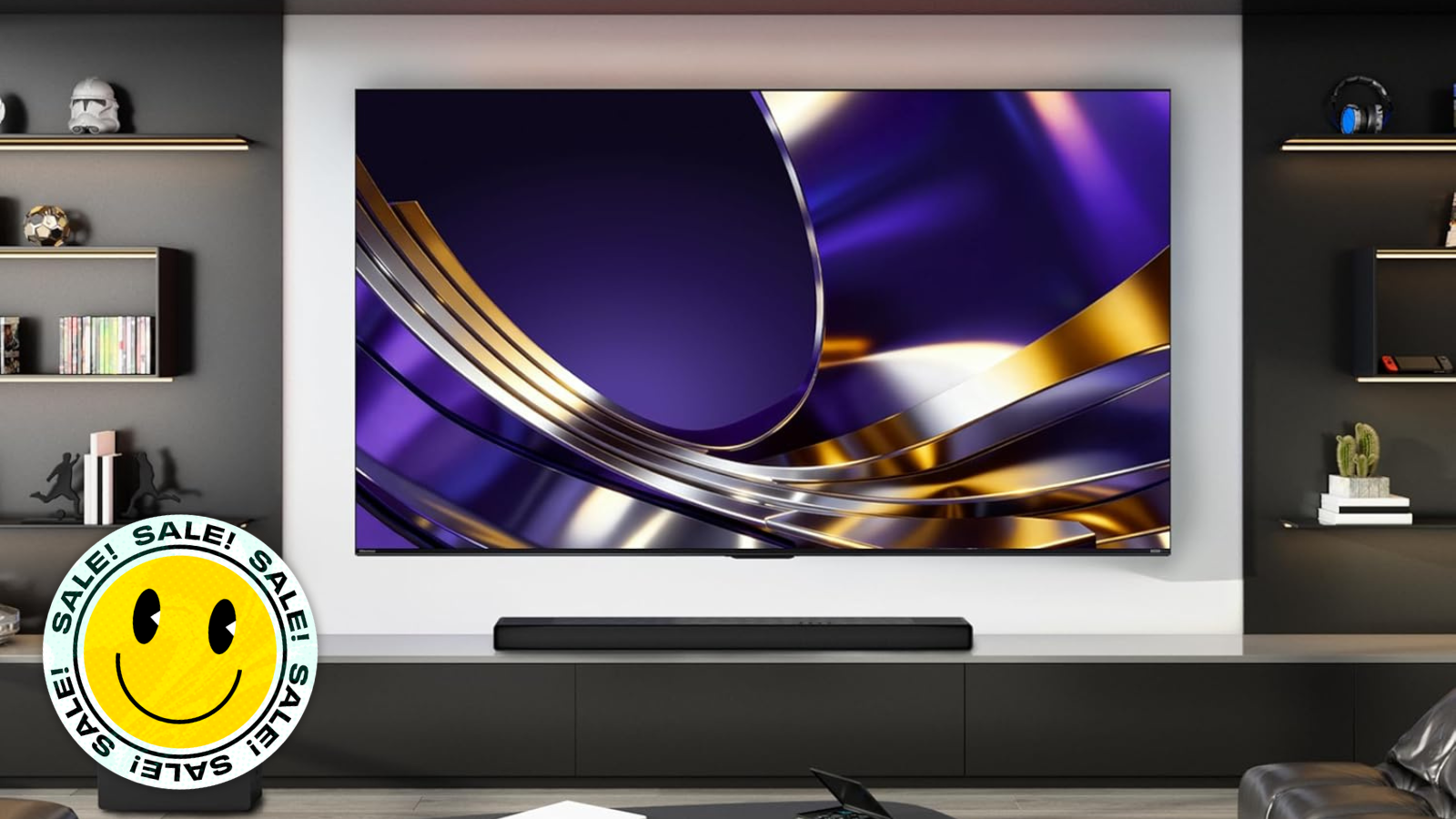 Hisense U7 TV mounted on wall in living room with smiley face sale sticker in bottom left hand corner