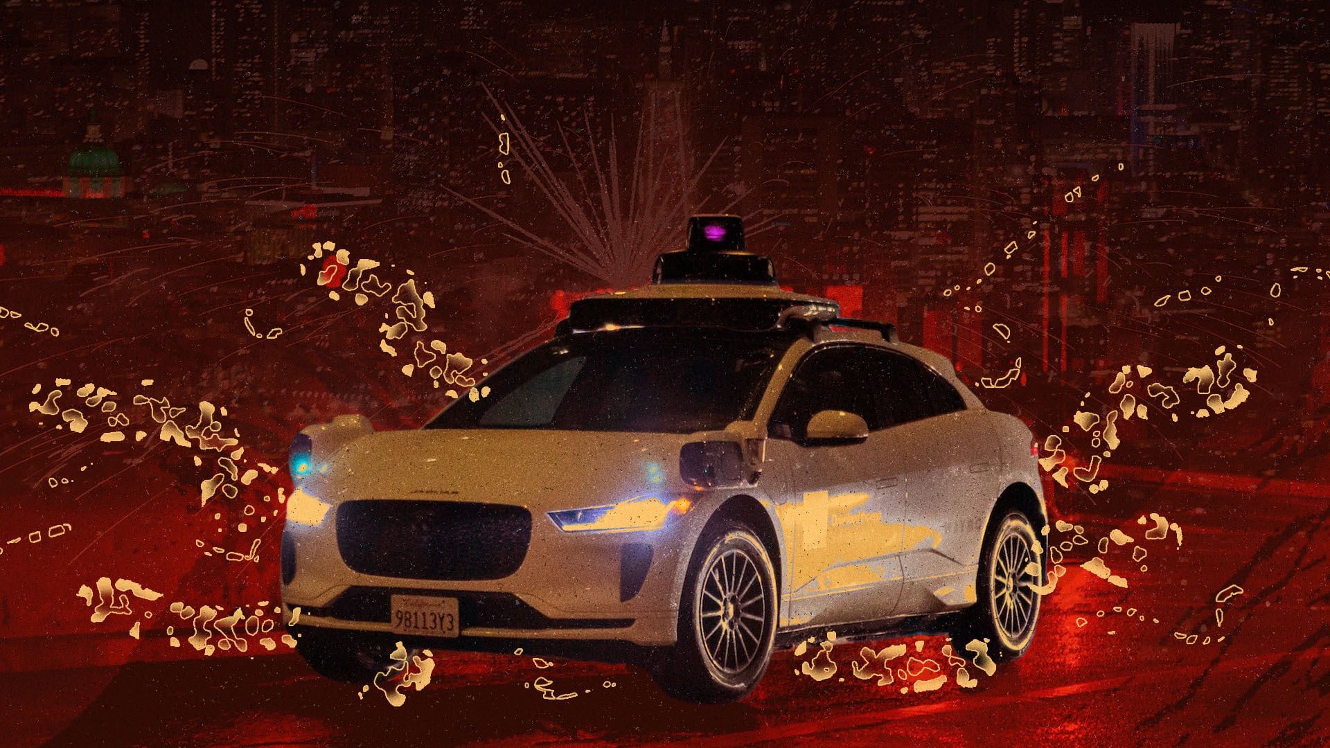 Waymo car superimposed on fireworks celebration.