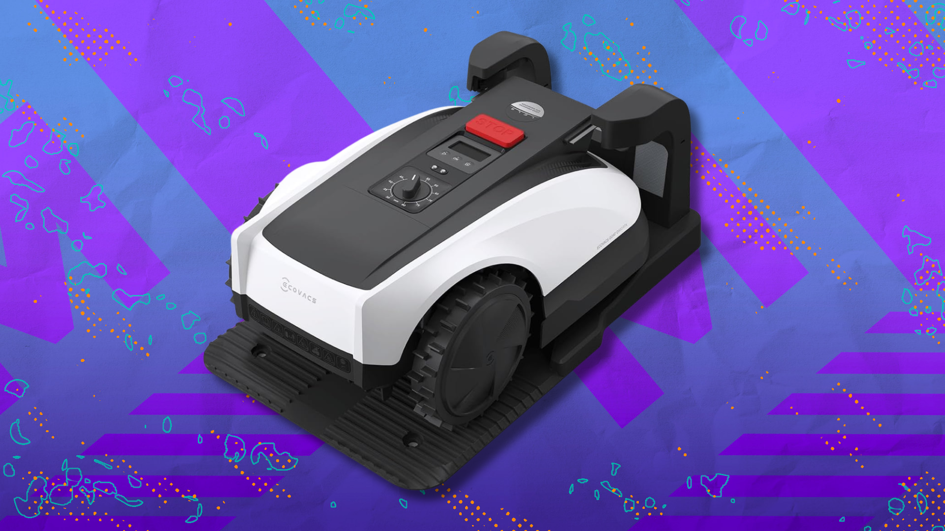 Ecovacs Goat O1000 Robotic Lawn Mower on purple and blue abstract background