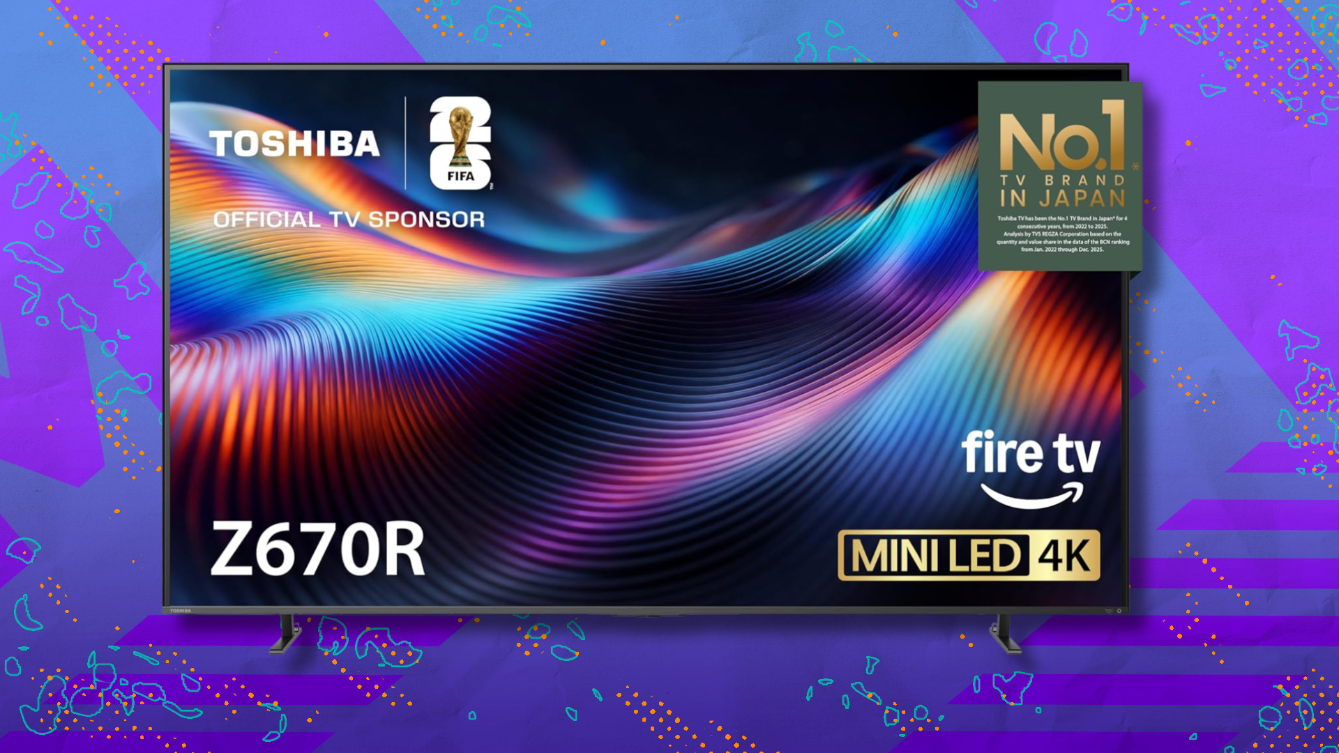 Toshiba 65-inch Z670R Mini LED 4K TV on purple and blue abstract background