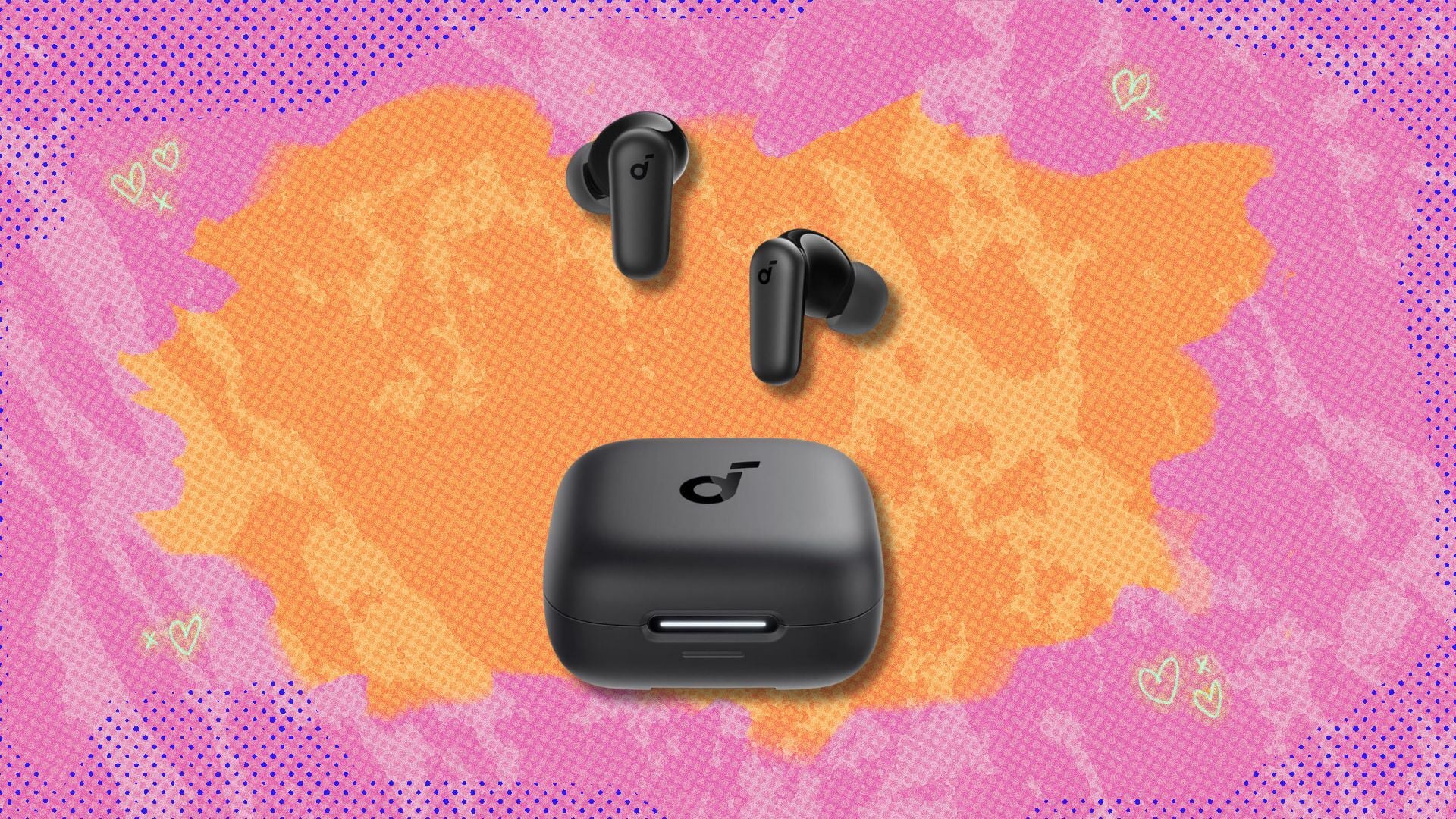 soundcore p30i earbuds against a pink and orange patterned background