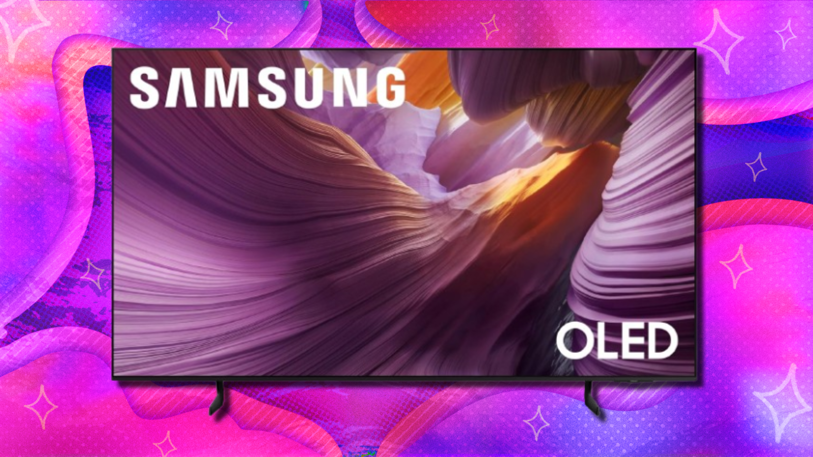 Samsung S85F OLED TV with pink and purple background
