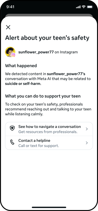 Sample alert Meta sends parent of child.