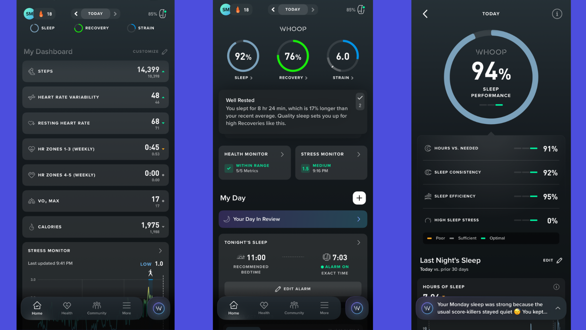 Three screenshots from the Whoop app