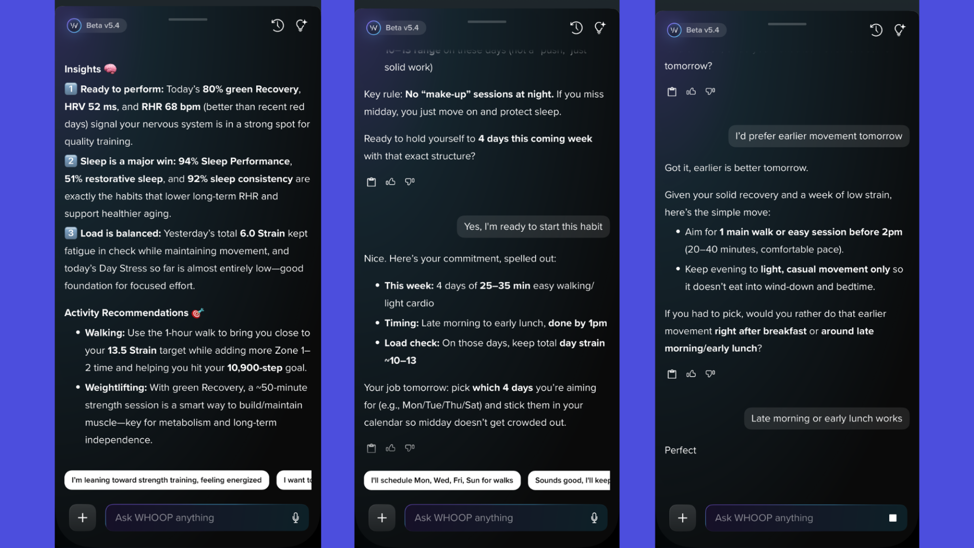 Screenshots of the Whoop Coach