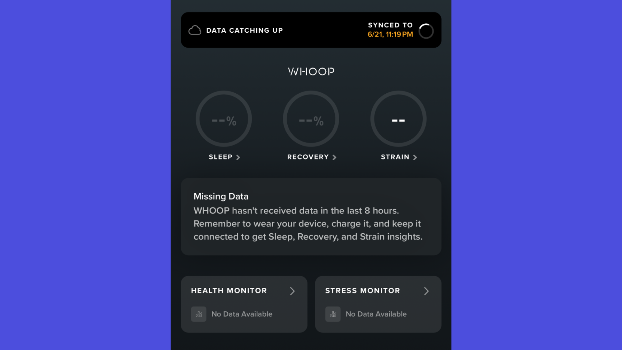 A screenshot of no data in the Whoop app.