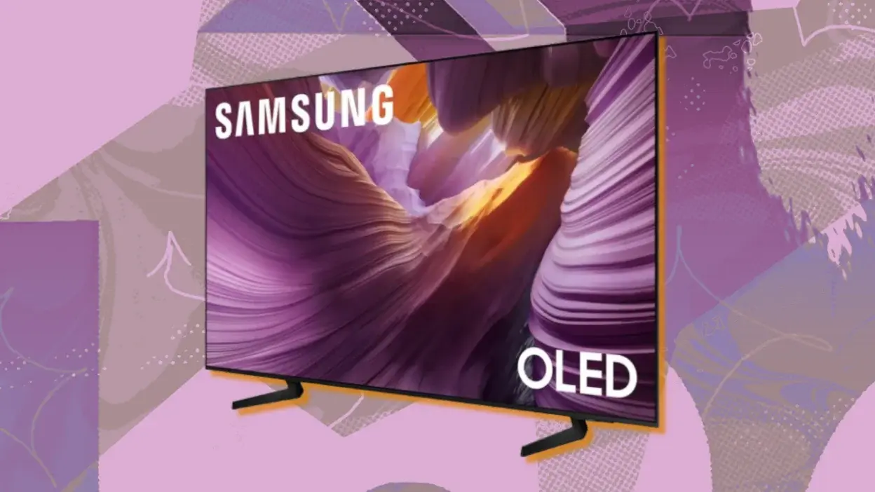 Samsung S85F OLED TV with purple abstract background