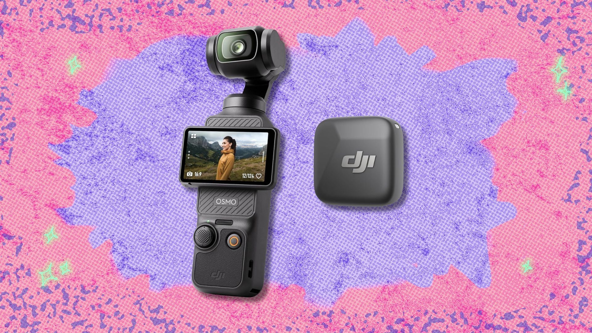 dji osmo pocket 3 vlog bundle against a pink and purple background