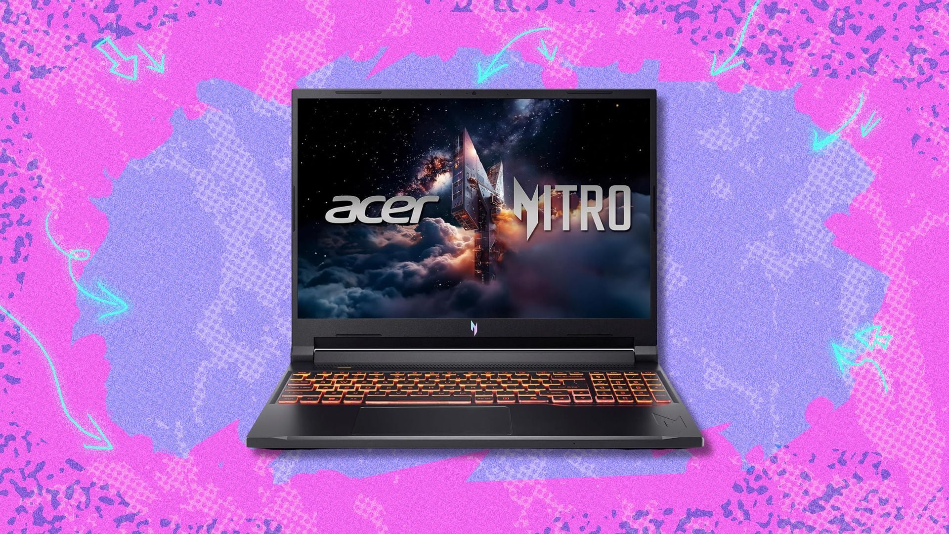 acer nitro v 16 gaming laptop against a pink and purple background