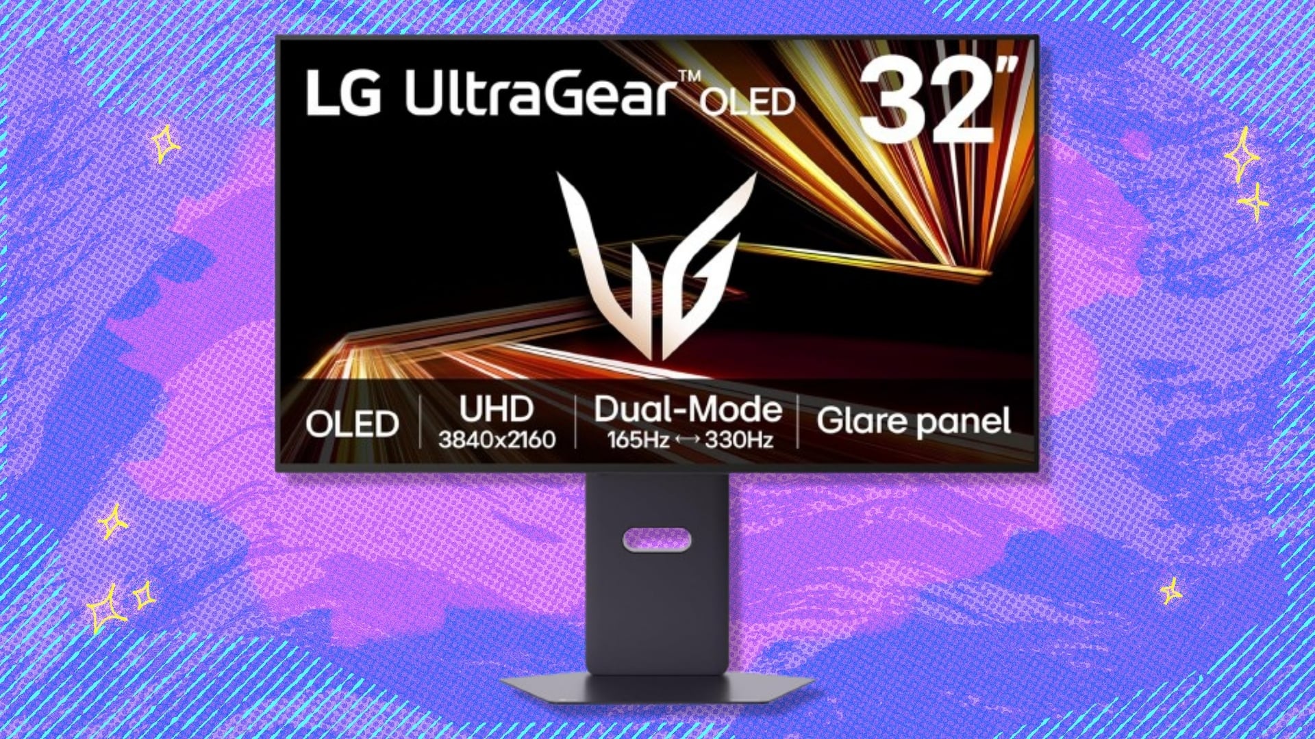 The LG 32-inch UltraGear 4K OLED Gaming Monitor (32GX850A-B) on a blue and purple background