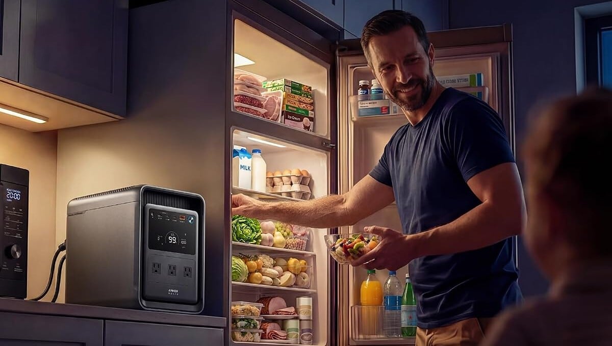 a person stands near an open refrigerator that's being powered with the anker solix s2000