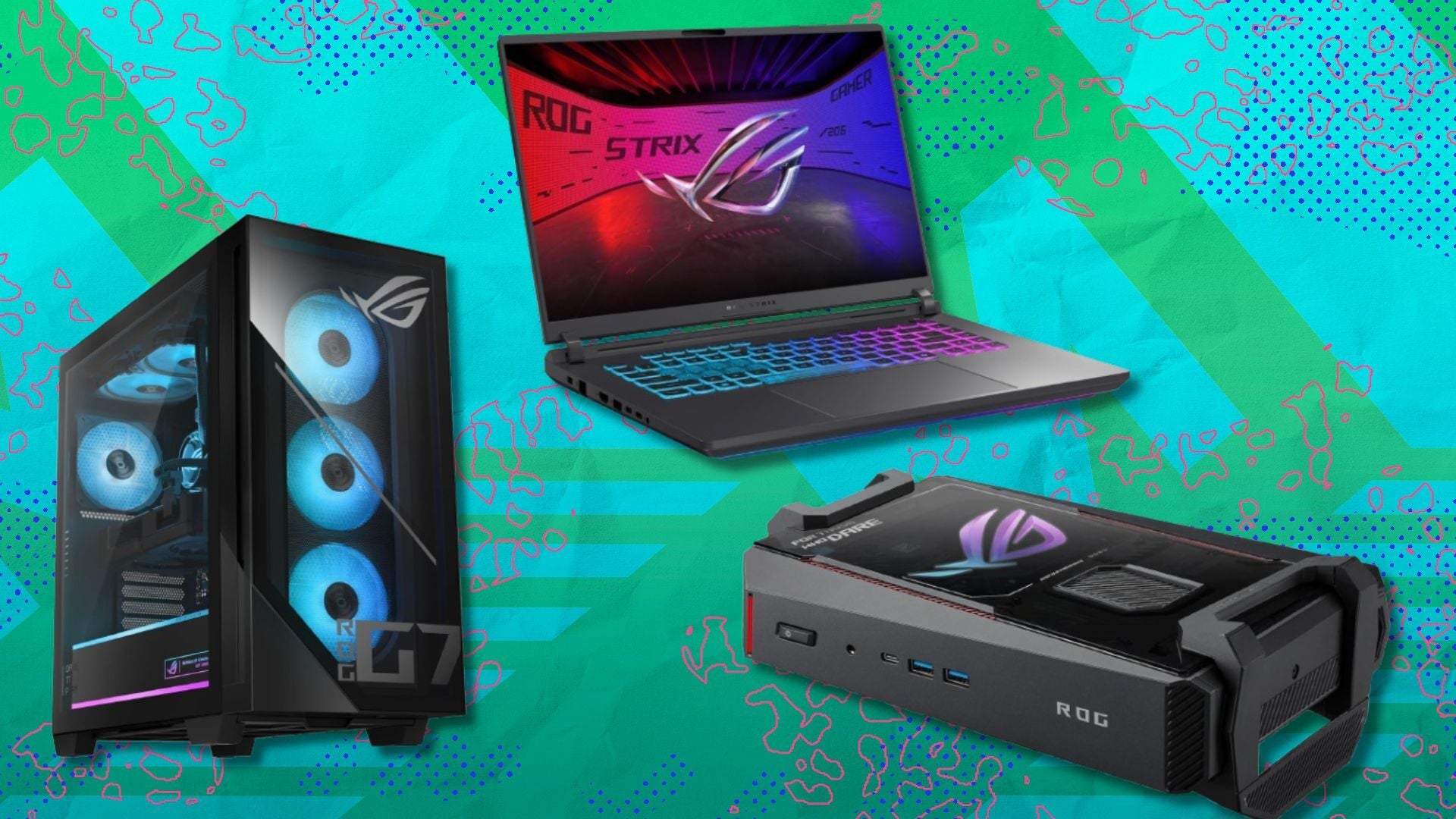 an Asus gaming laptop, desktop, and mini PC on a green background