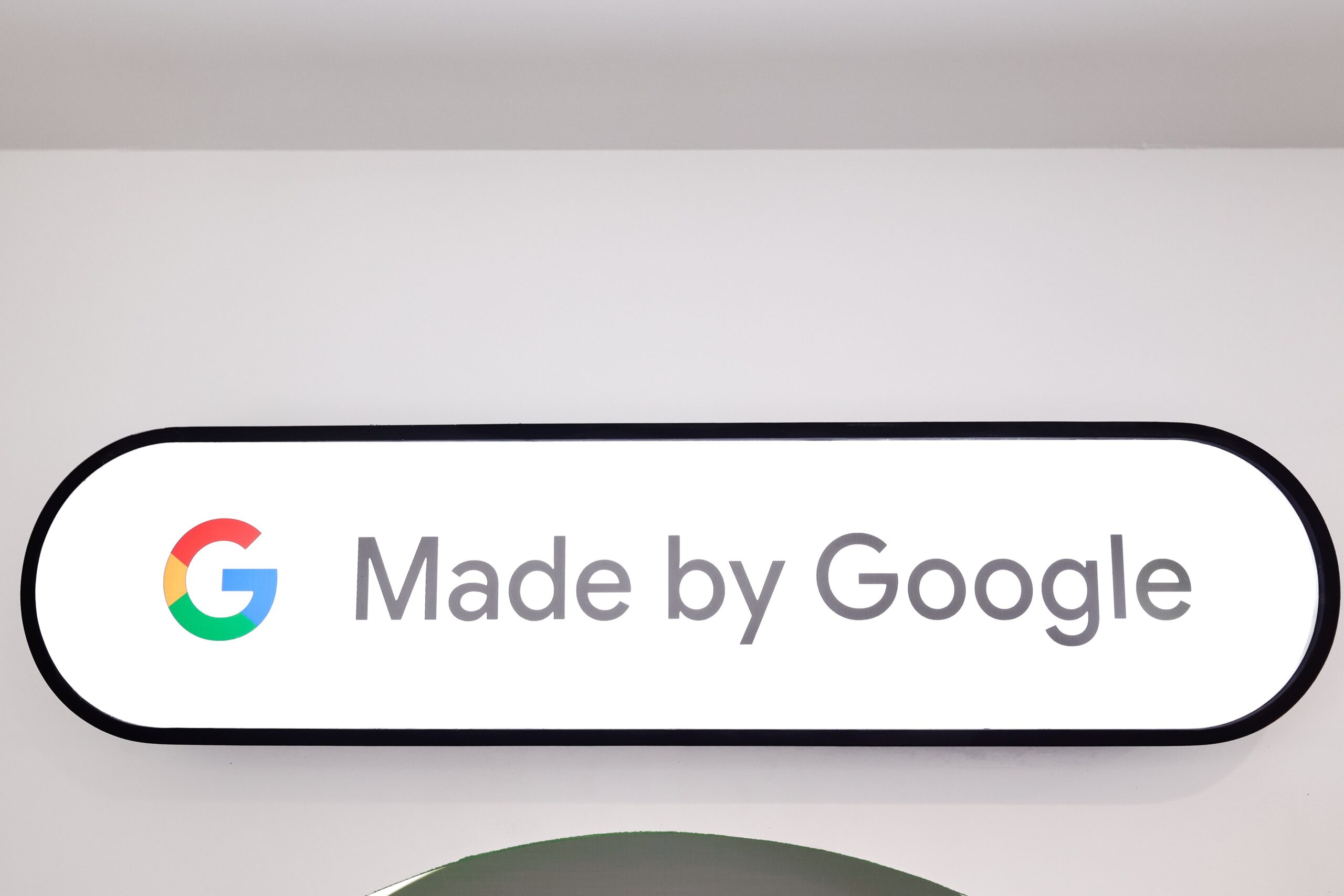 The Google logo, accompanied by the slogan ''Made by Google,'' is being displayed at the entrance of Android Avenue