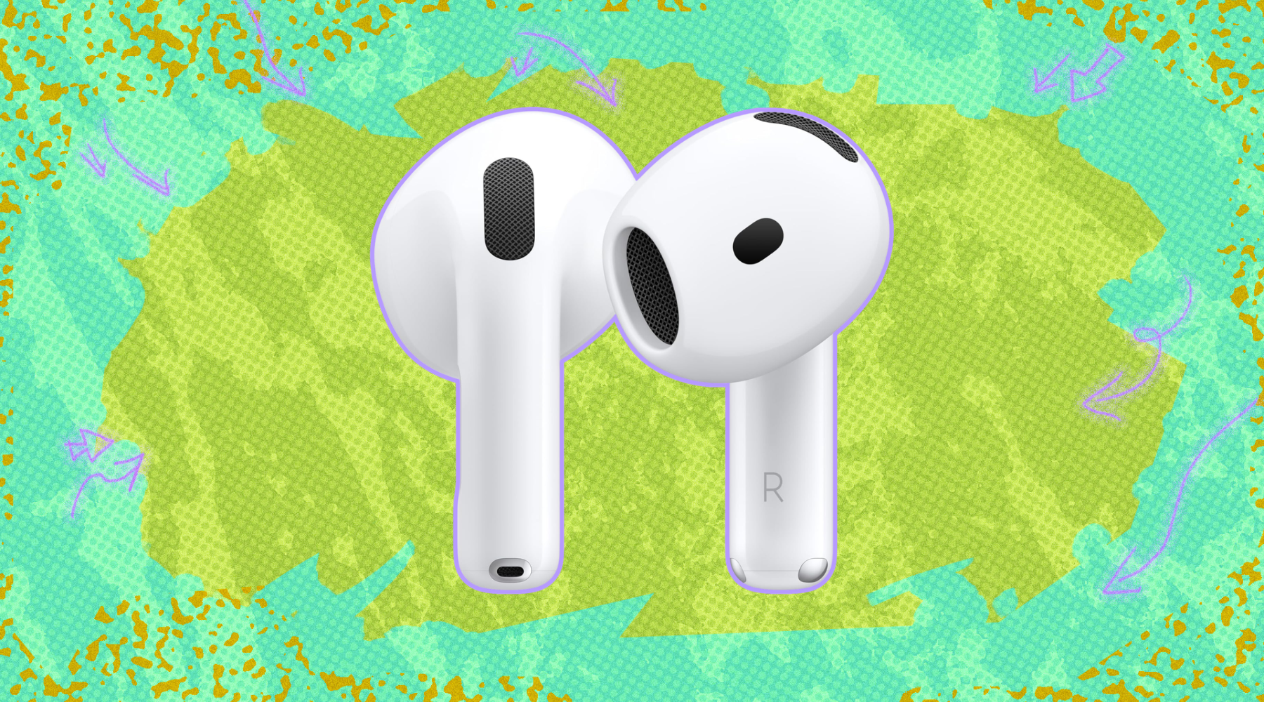 Apple AirPods 4 against a colorful background. 