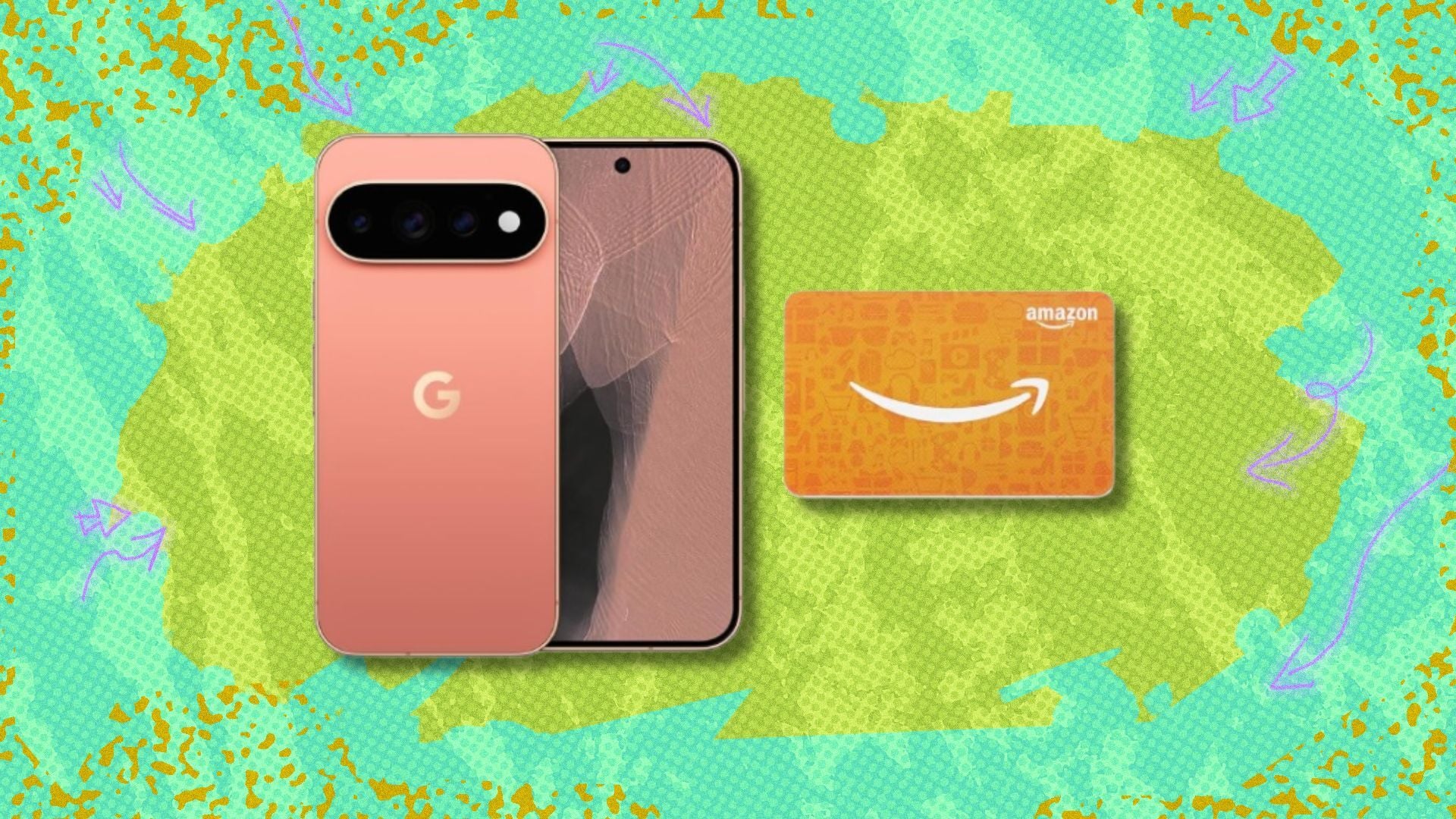 the google pixel 11 pro with an amazon gift card on a green background