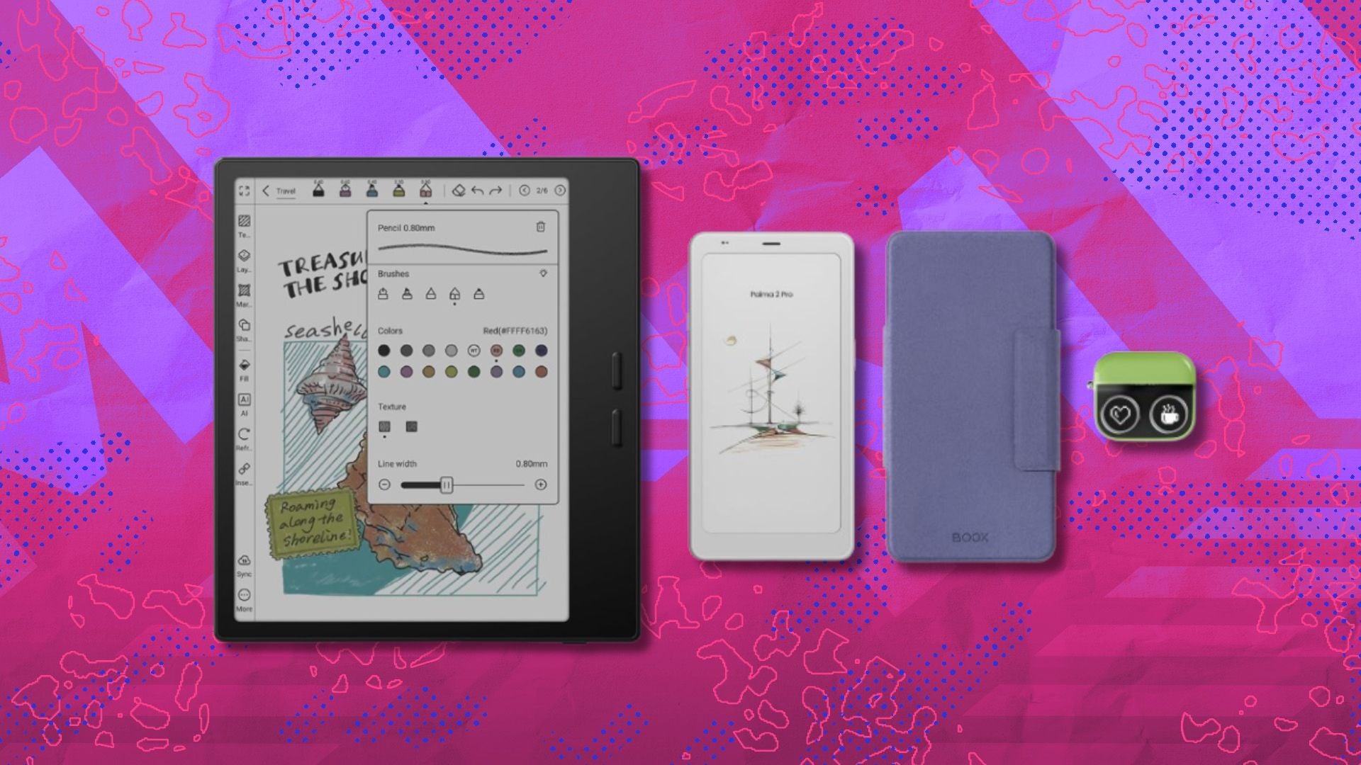 a boox tablet and e-reader with case on a pink and purple background