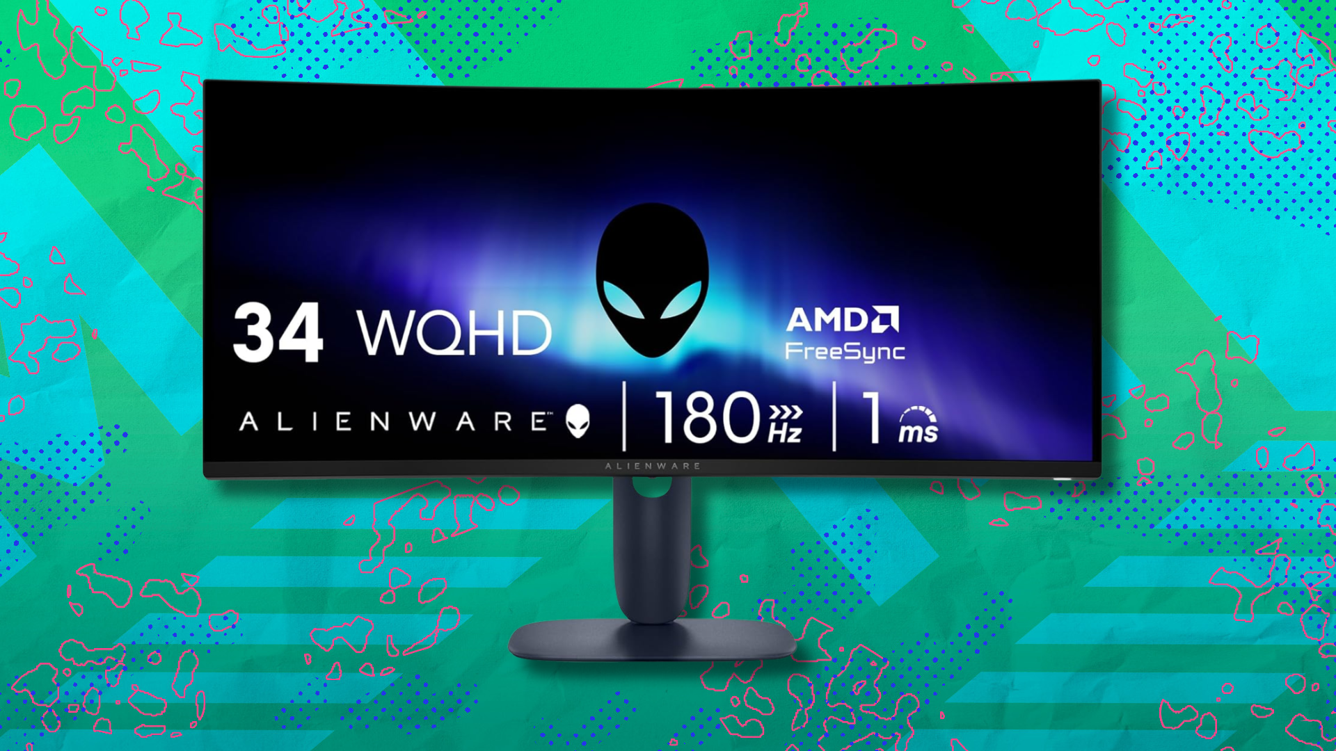 Alienware 34 240Hz QD-OLED curved monitor on green and teal abstract background