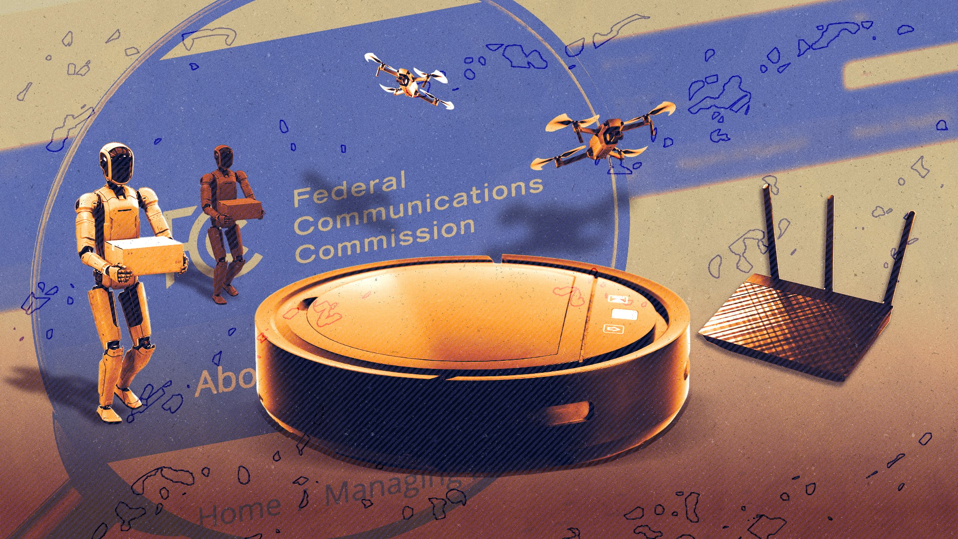 A stylized collage featuring a humanoid robot, a router, and a robot vacuum. 