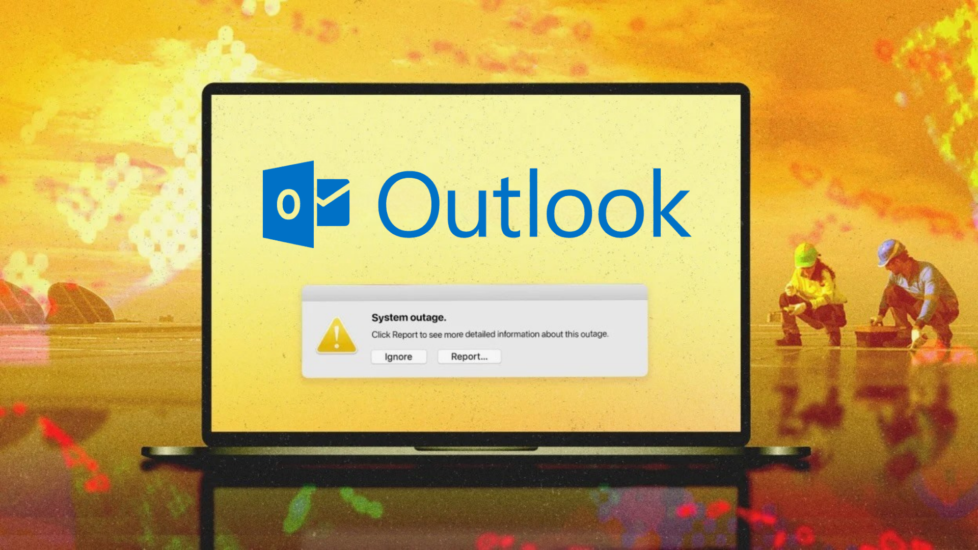 illustration of utility workers next to a laptop with the microsoft outlook logo