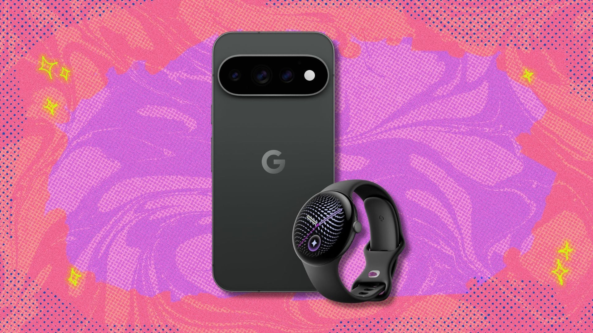 google pixel 11 pro and pixel watch 5 against a pink background