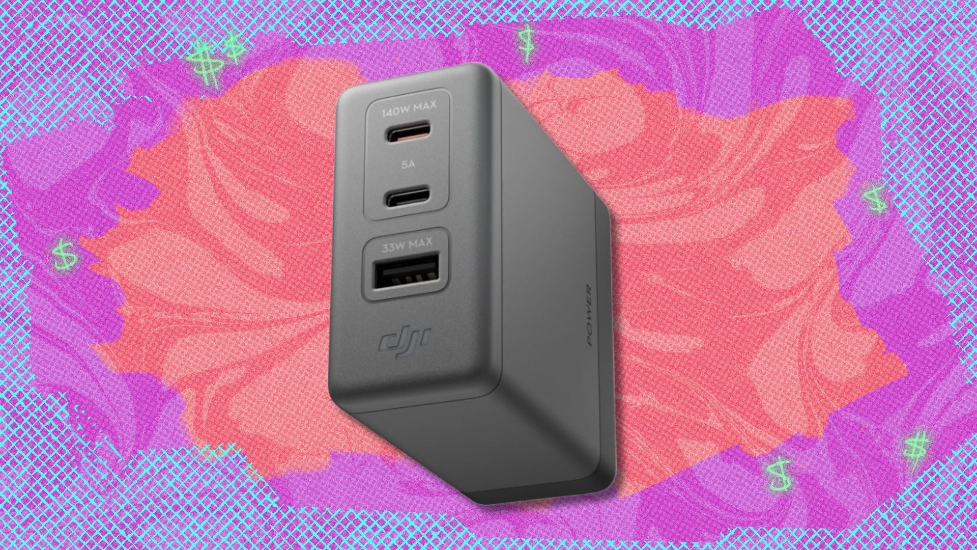 the DJI Power charger on a pink and purple background