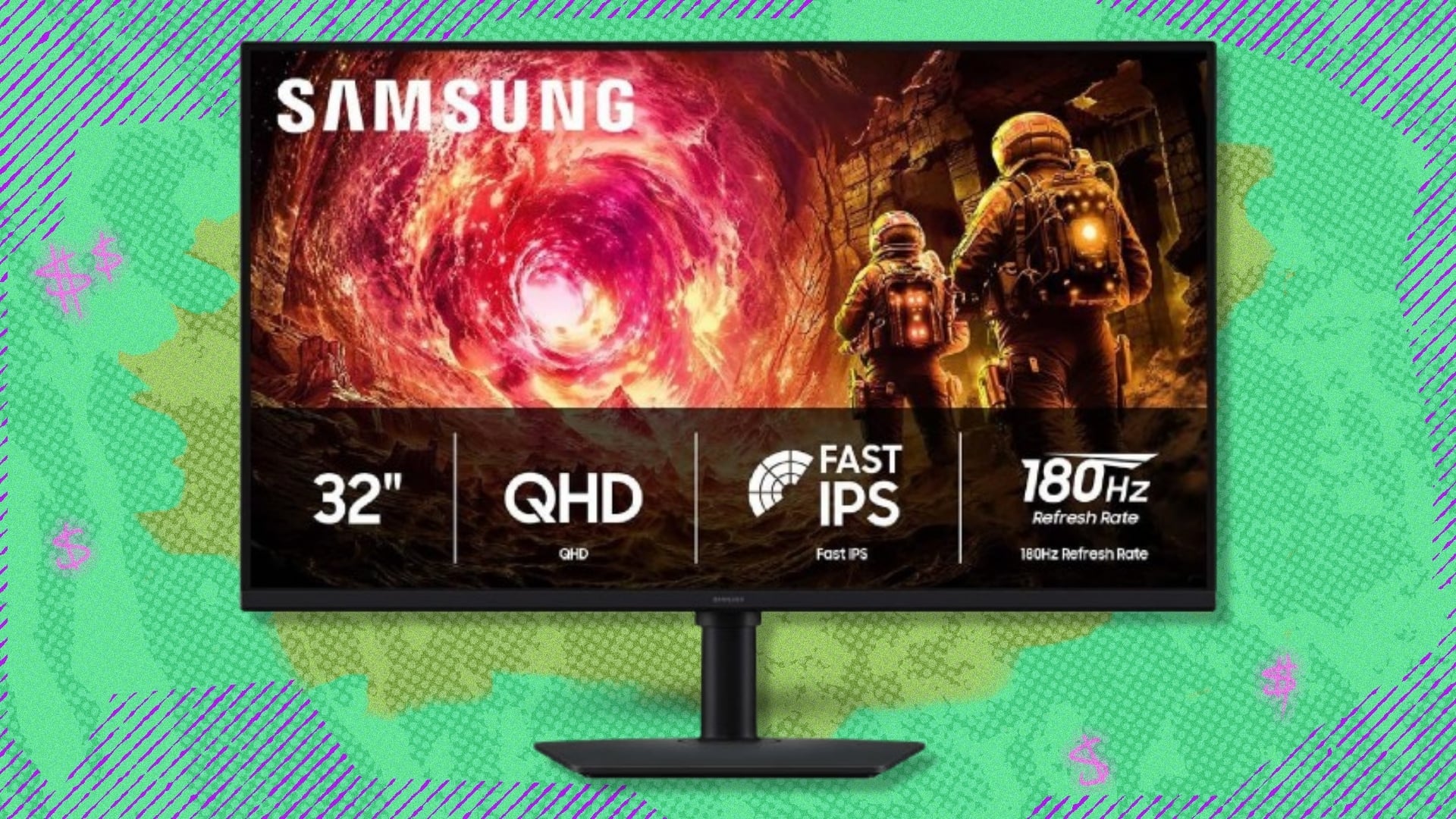 The Samsung 32-Inch Odyssey G5 (G50F) QHD Resolution gaming monitor on a red and purple background