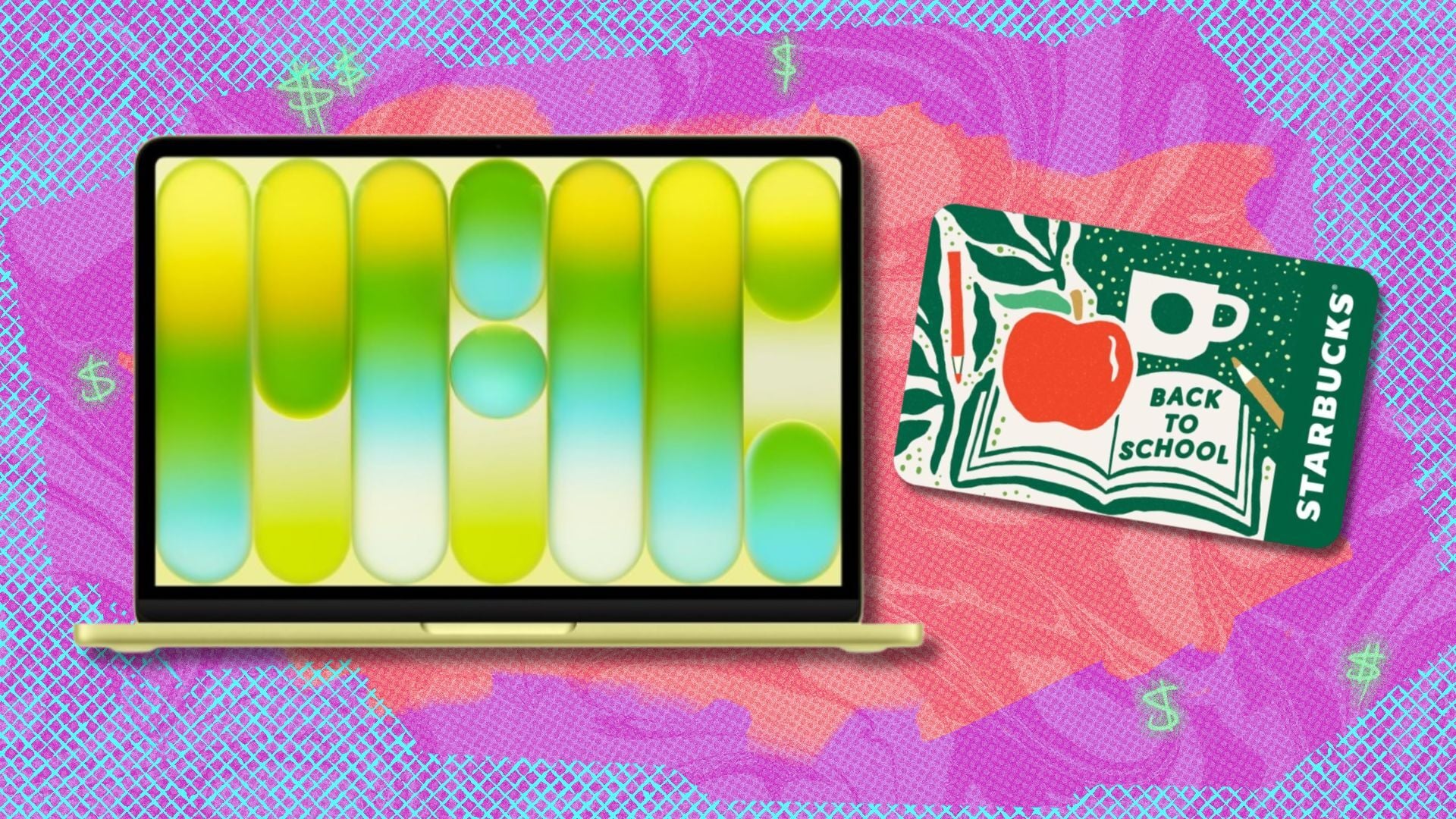 the apple macbook neo next to a starbucks gift card on a pink and purple background