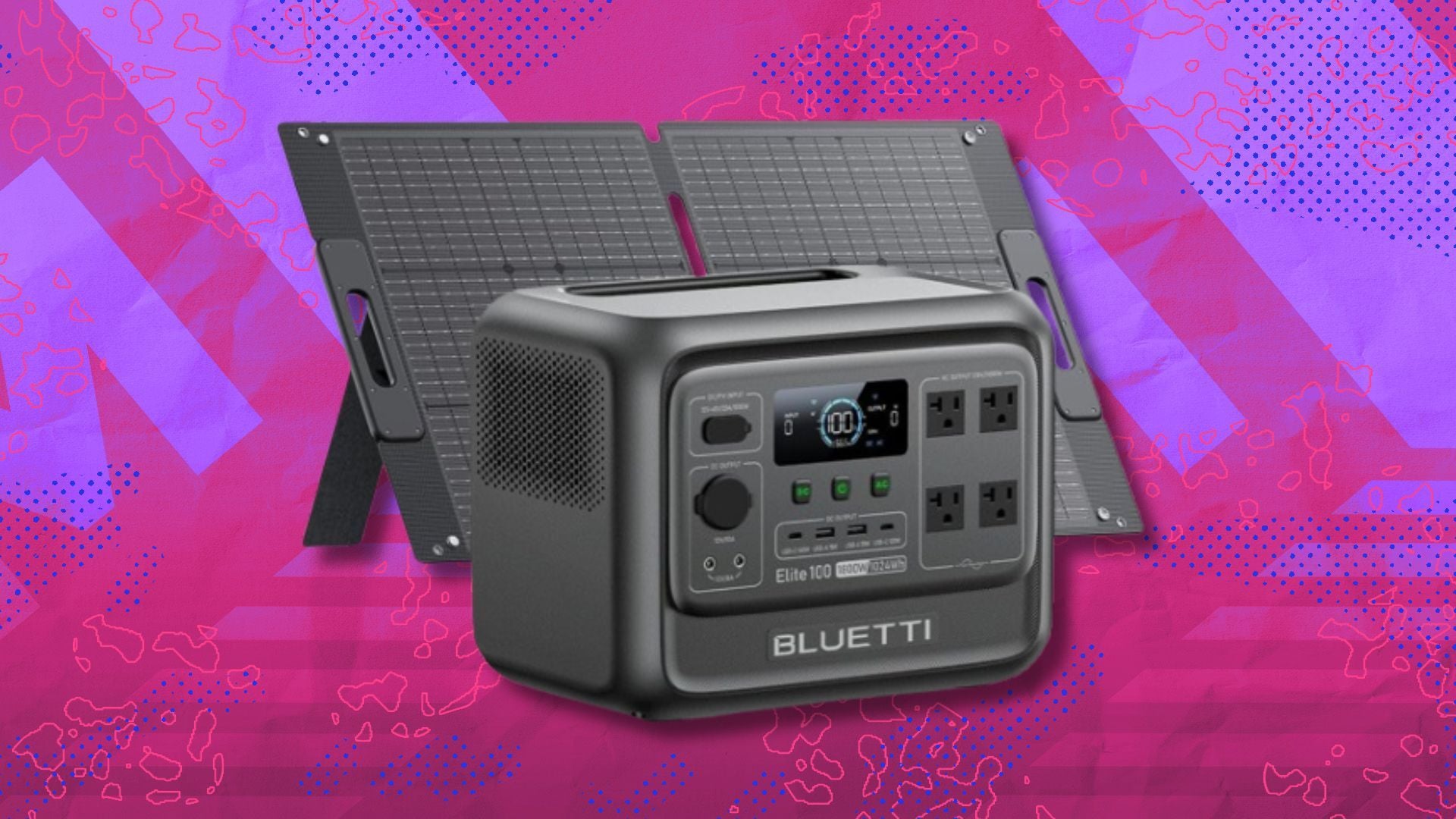 the Bluetti Elite 100 V2 with a 100W solar panel on a pink and purple Mashable background