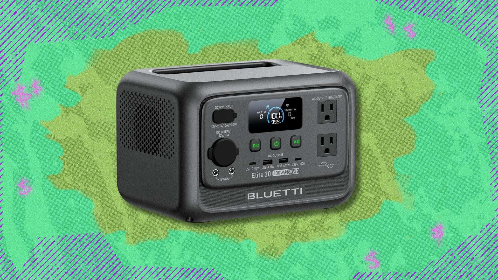 bluetti elite 30 v2 portable power station against a green background
