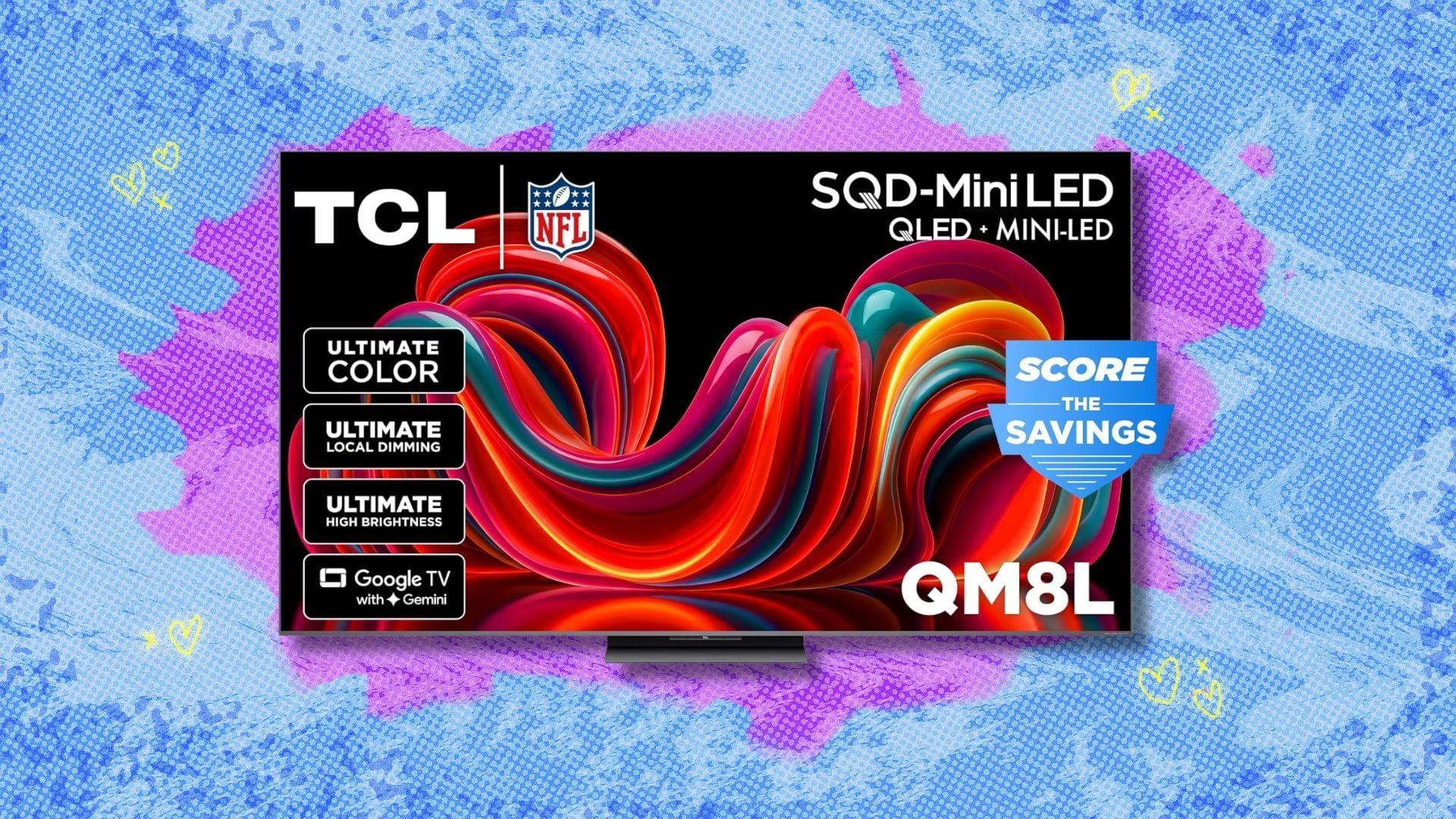 tcl 85-inch qm8l sqd-mini-led qled tv against a blue and purple background