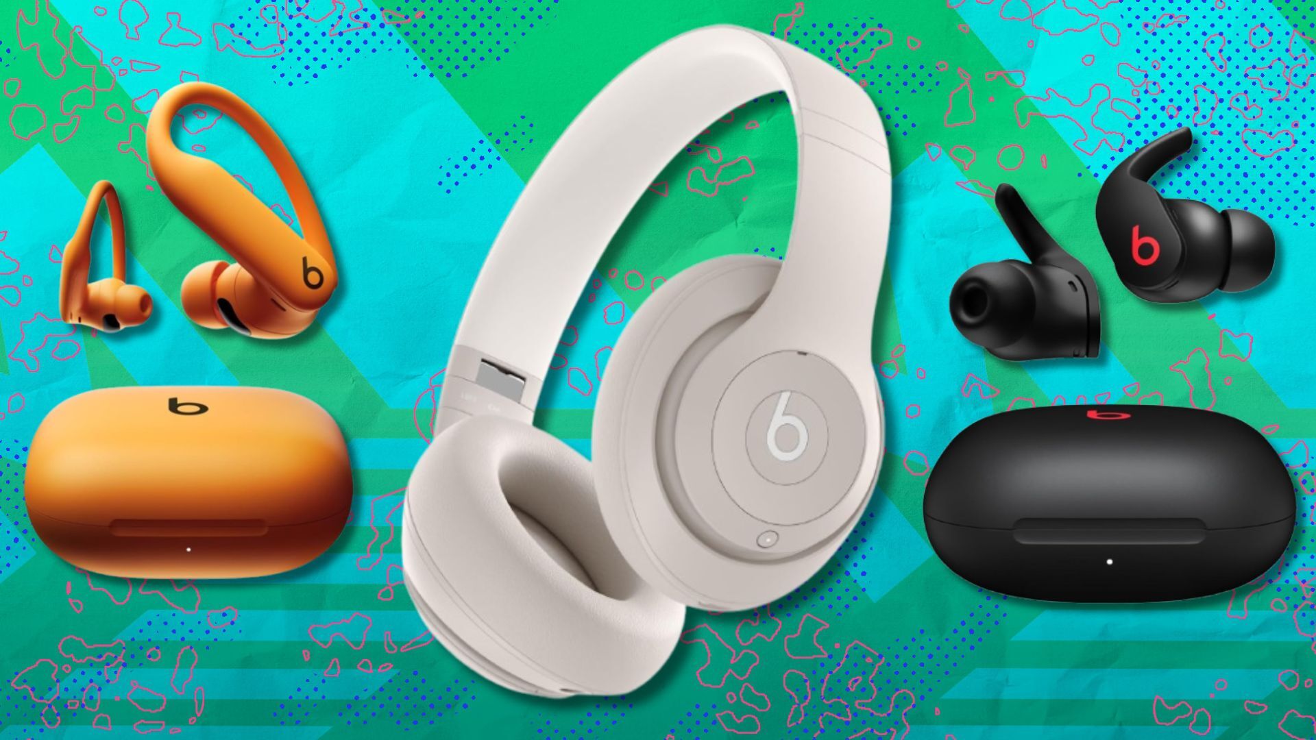 three pairs of Beats headphones/earbuds on a green background