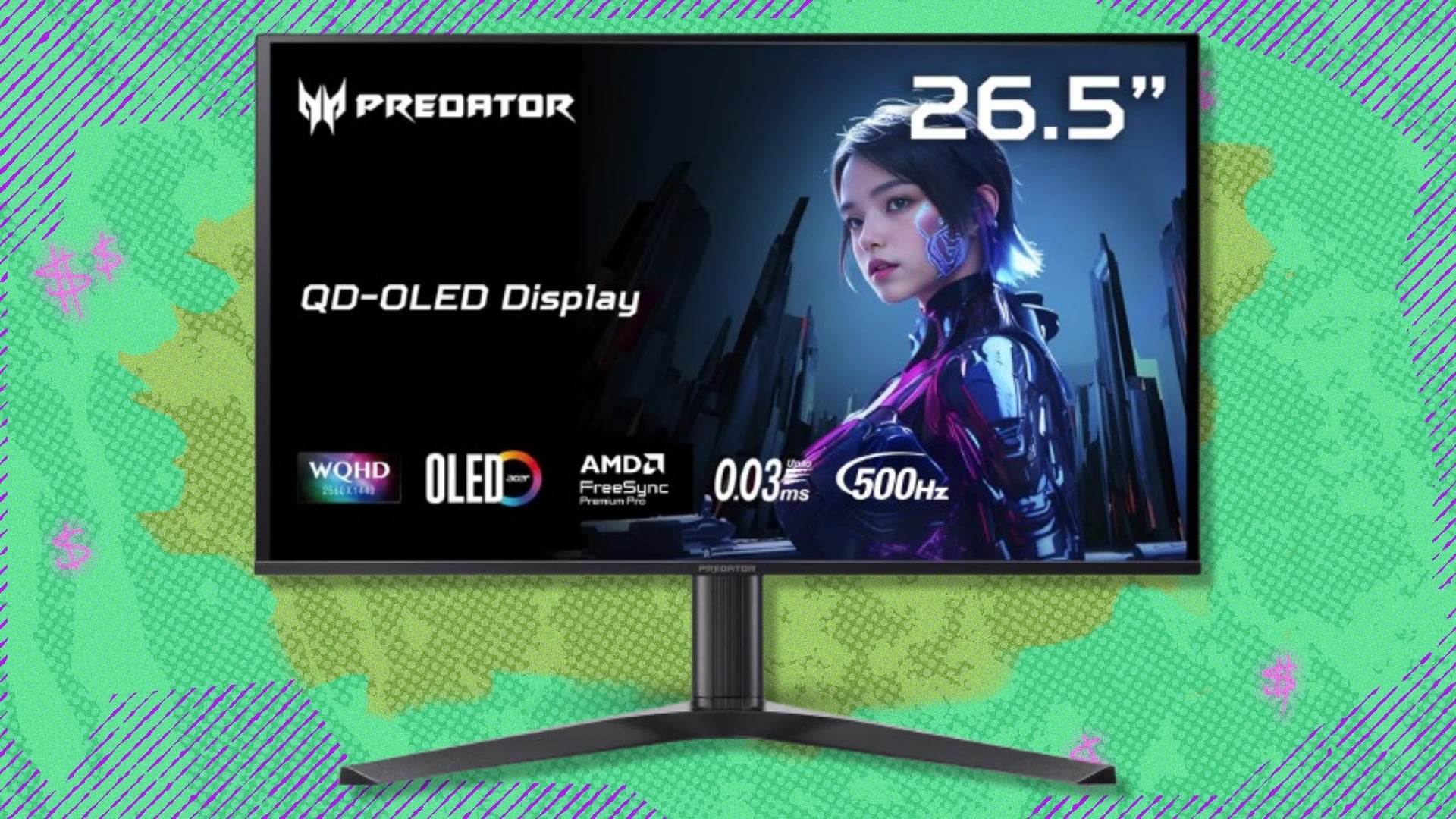 The Acer Predator X27U F5 gaming monitor on a purple and green background