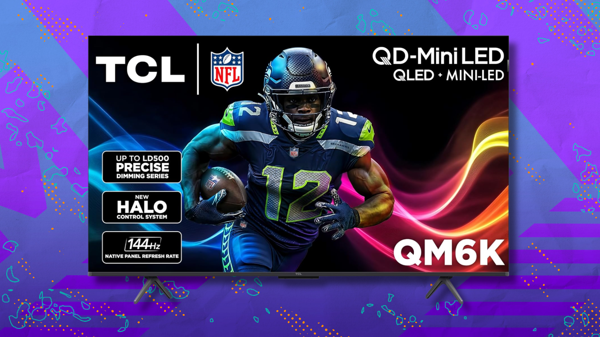 50-inch TCL QM6K mini-LED TV on purple and blue abstract background