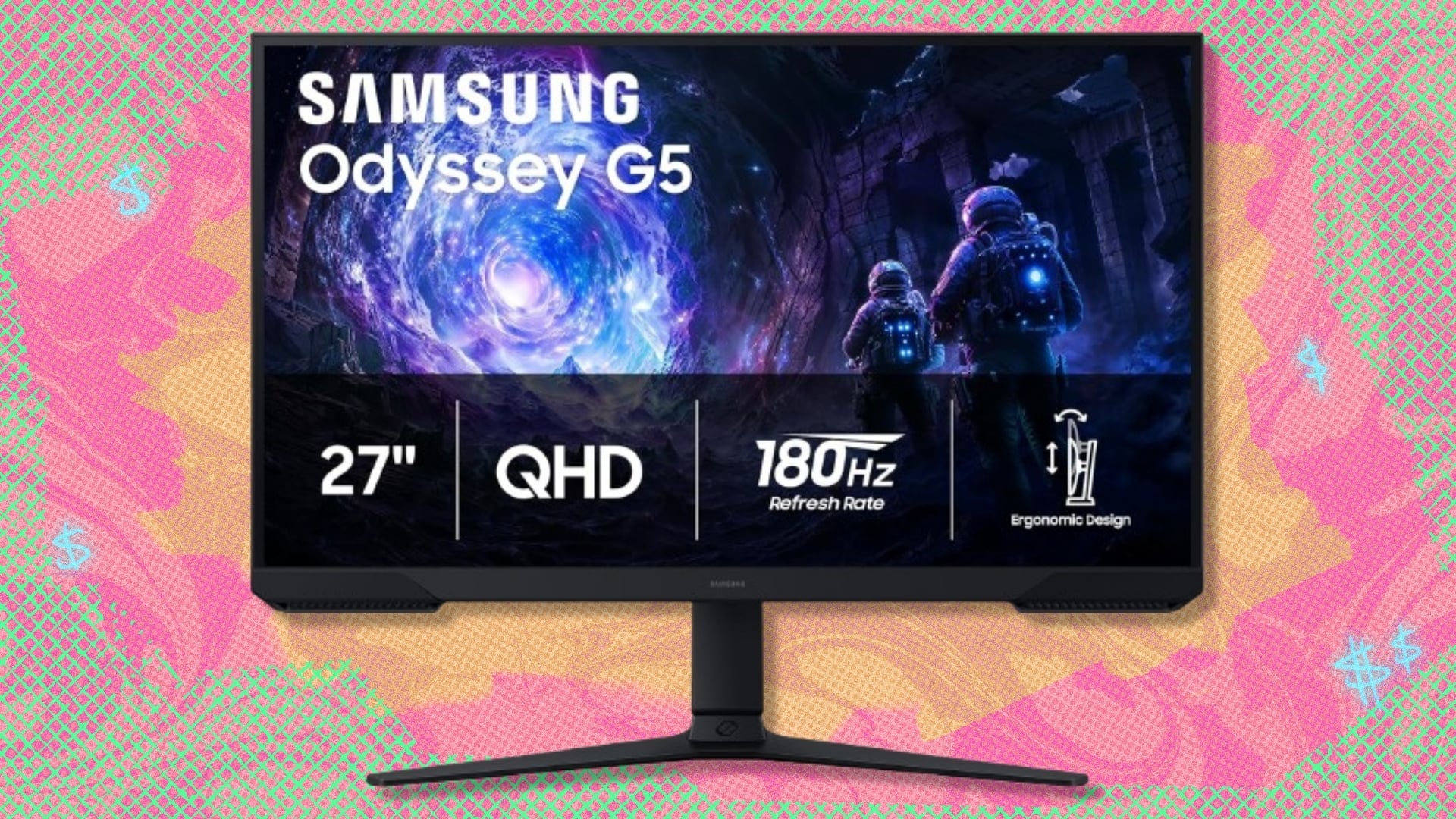 The Samsung 27-Inch Odyssey G5 (G51F) Gaming Monitor on a red, orange, and green background