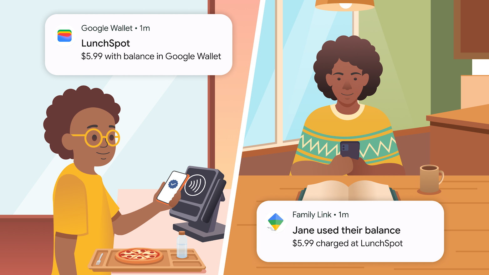 An illustration of a girl using Google Wallet to purchase food, while her mother receives a notification of her purchase.