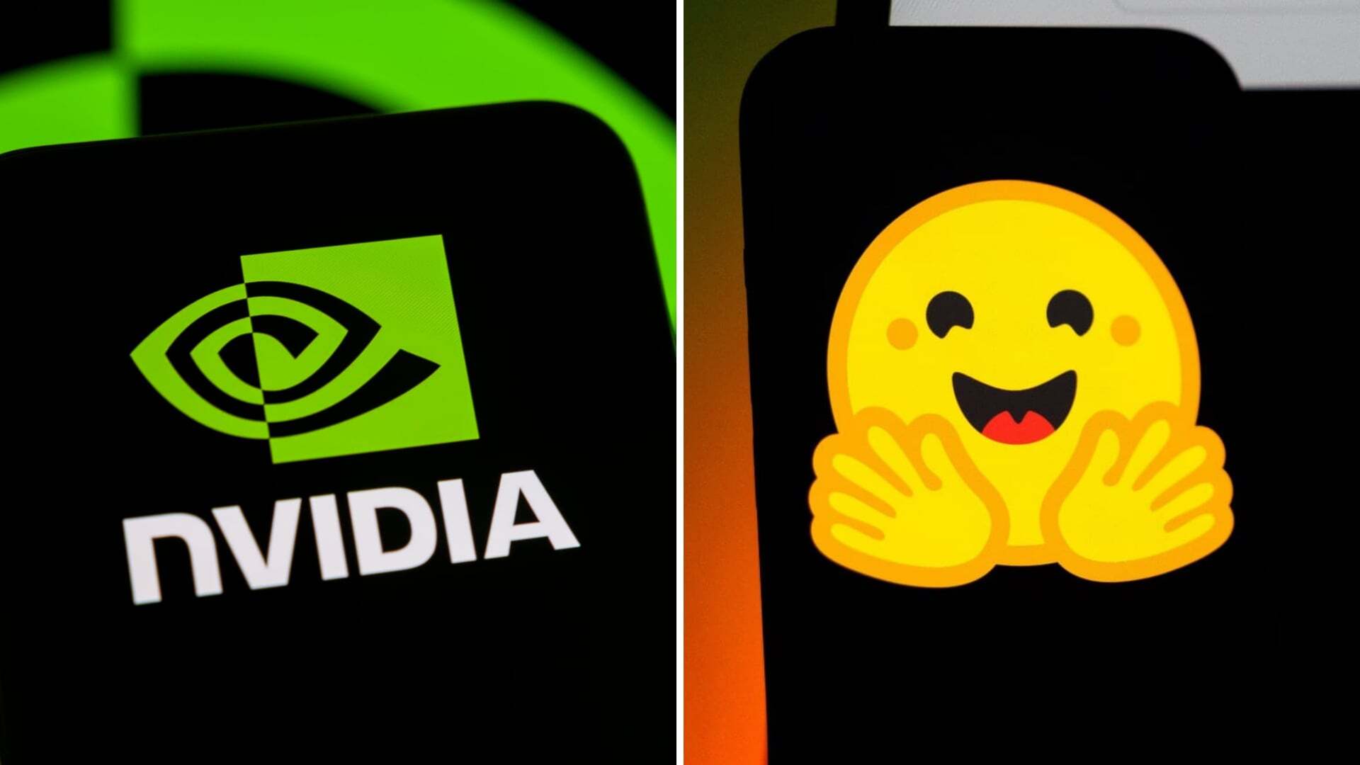 The Nvidia logo and the Hugging Face logo, each on mobile phones, in two images side by side.