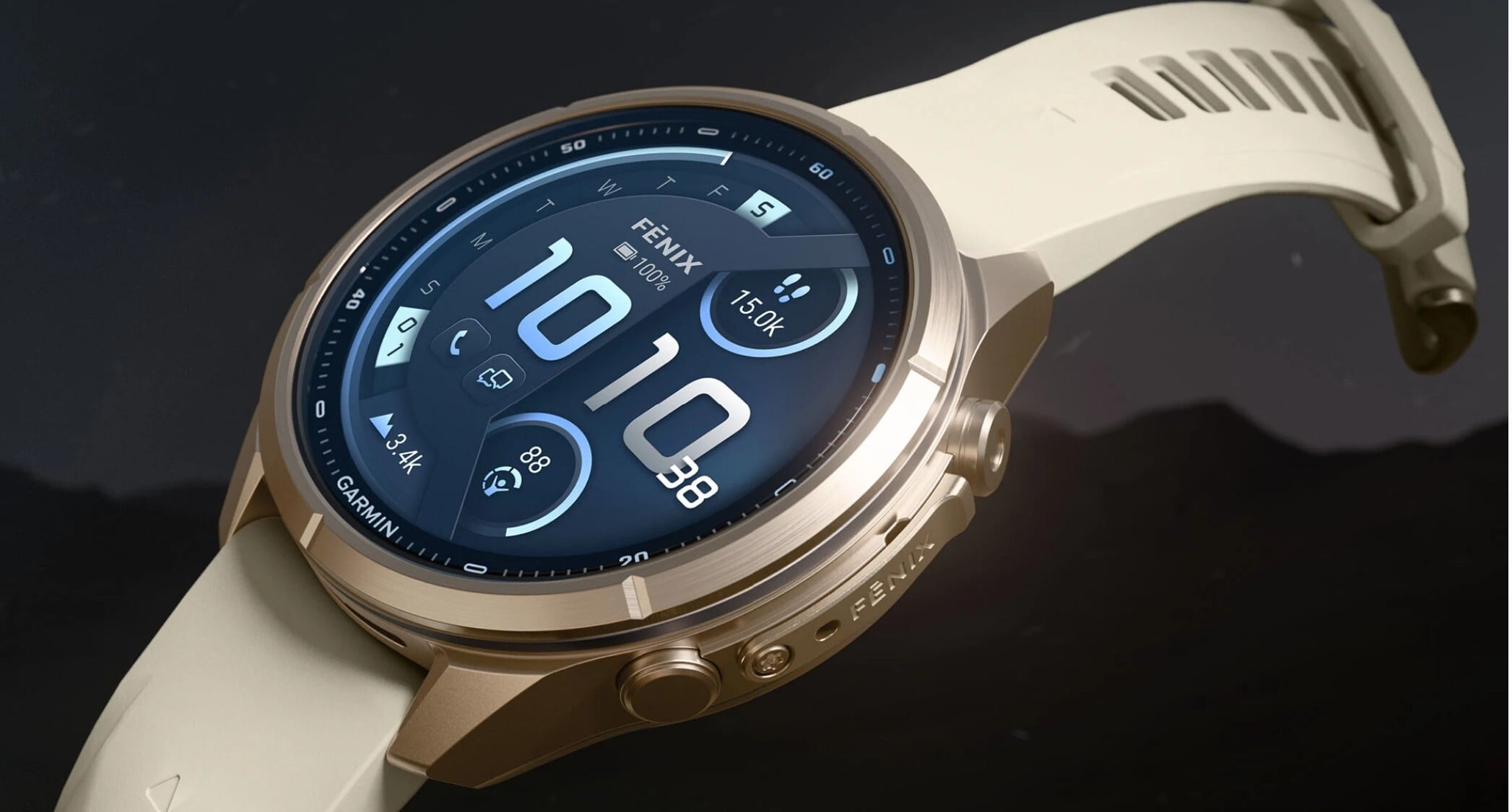 the garmin fenix watch in front of a dark outdoor scene with a mountain in the background