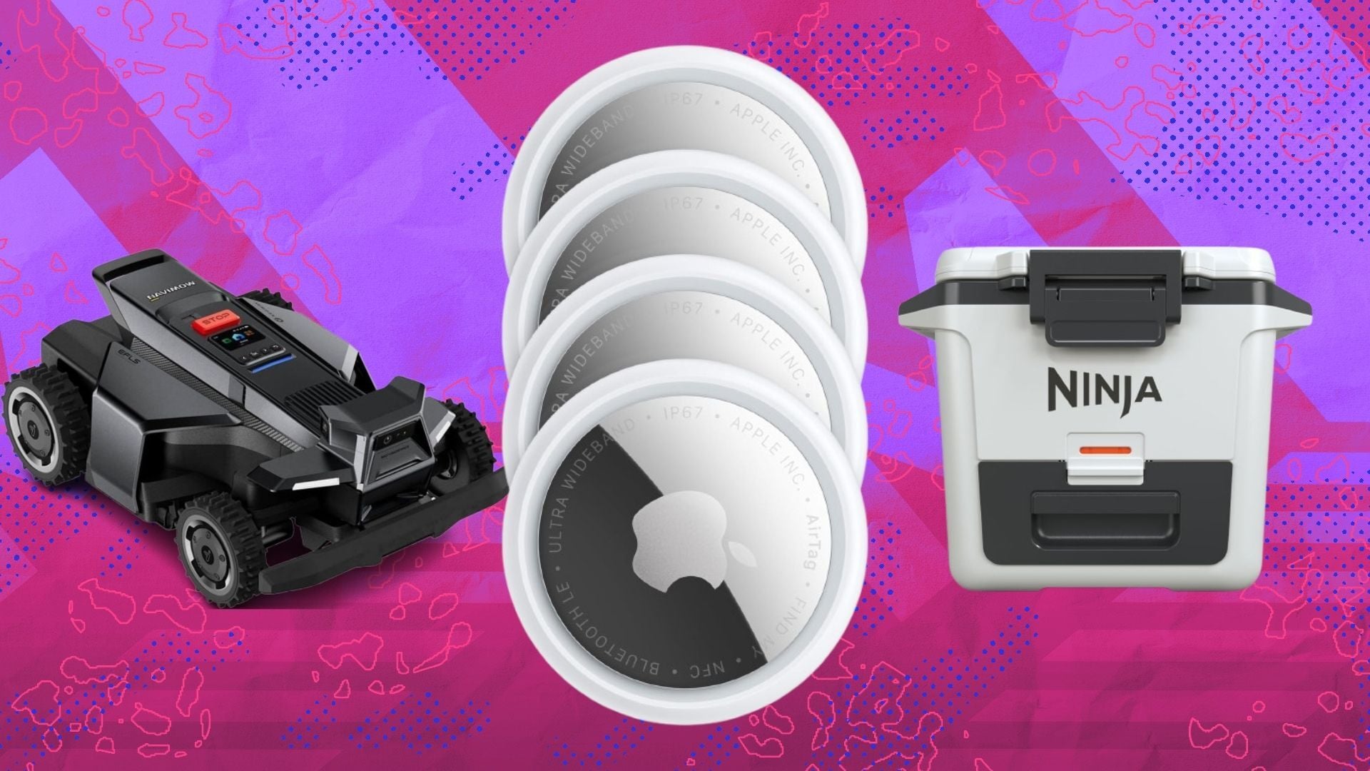 a segway navimow mower, apple airtags, and ninja cooler on a pink and purple background
