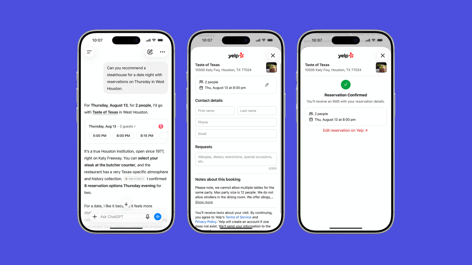 Three phones showing Yelp's reservation tool in ChatGPT.