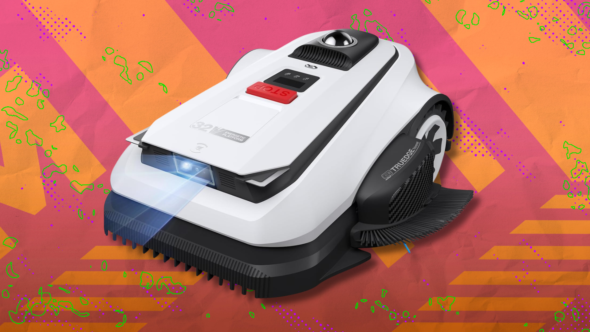 Ecovacs Goat A3000 robotic lawn mower on orange and red abstract background