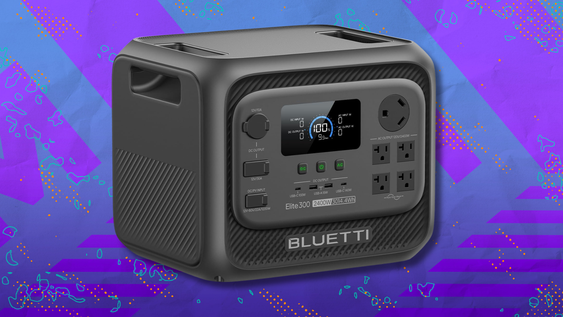 Bluetti Elite 300 portable power station on purple and blue abstract background